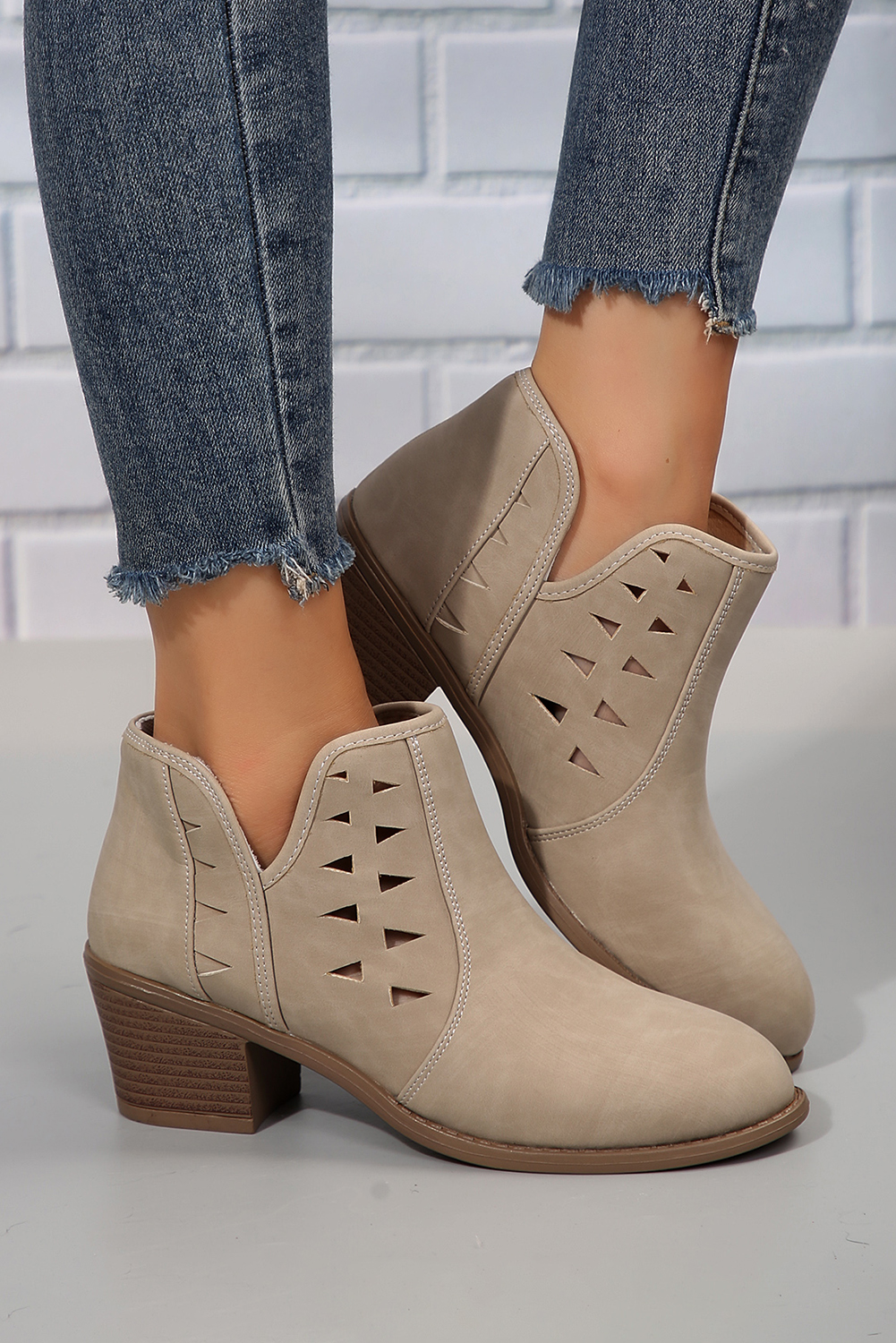 Parchment Cut Out Suede Pointed Toe Heeled Ankle Boots - loveforevers
