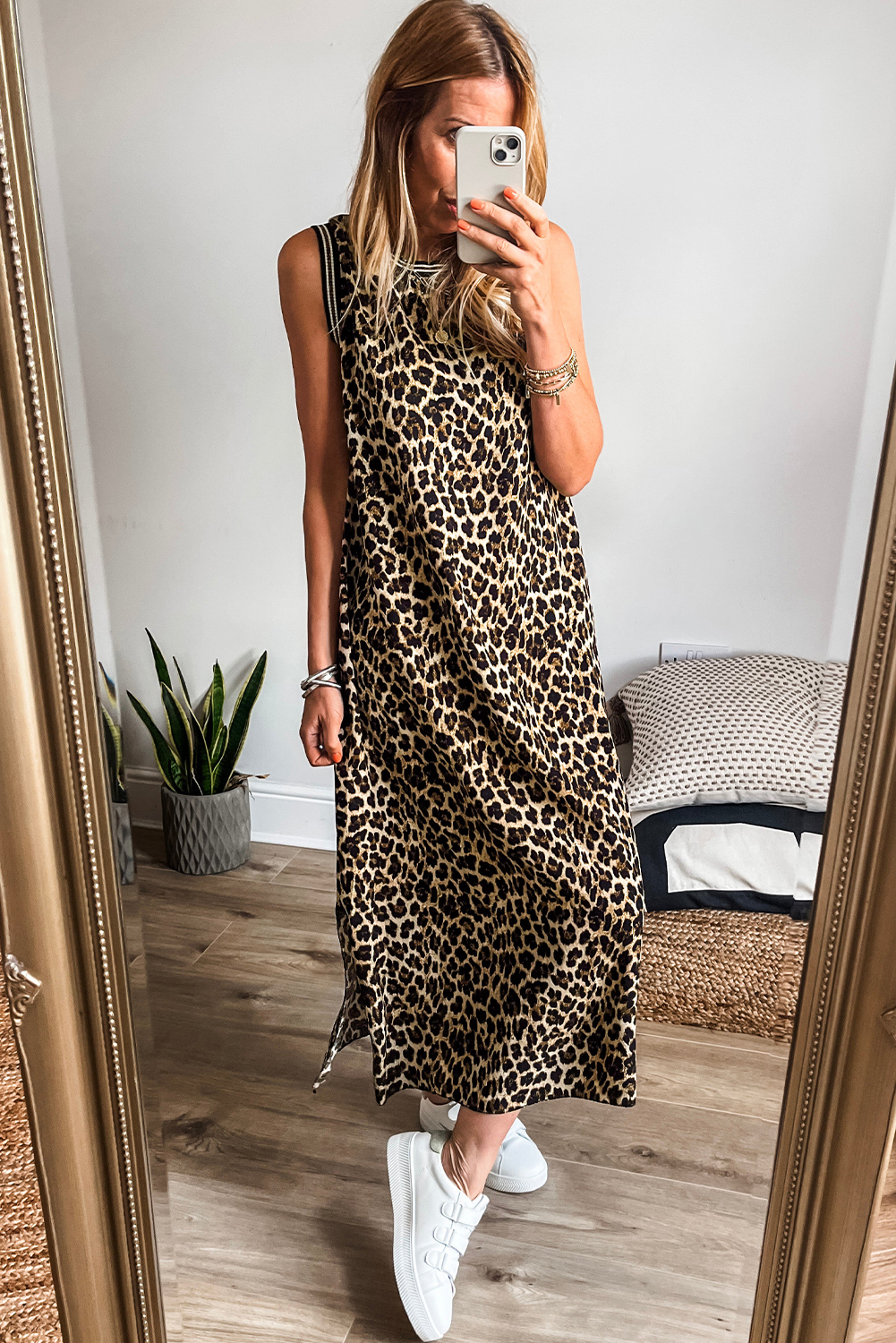 Black Contrast Striped Trim Leopard Sleeveless Maxi Dress - loveforevers