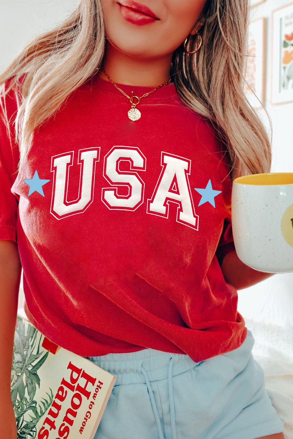 Red Star USA Print Crewneck Patriotic T Shirt - loveforevers
