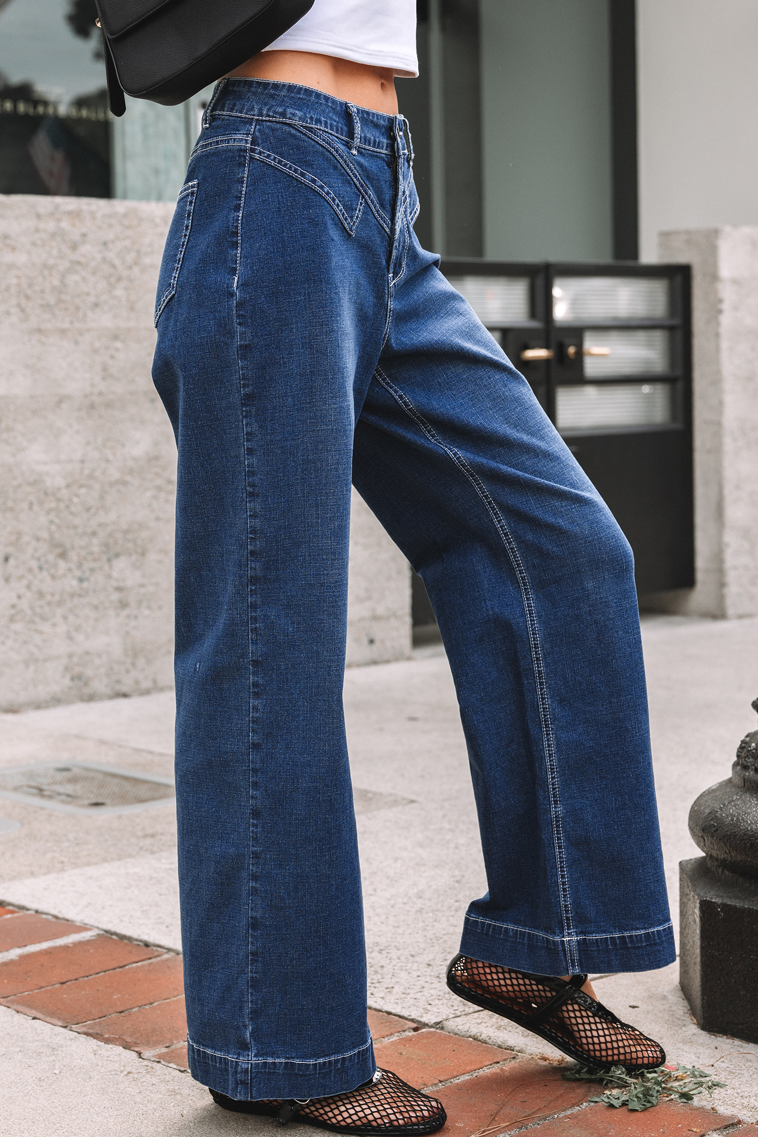 Sail Blue Stitched Waist Detail Loose Cuffed Jeans - loveforevers