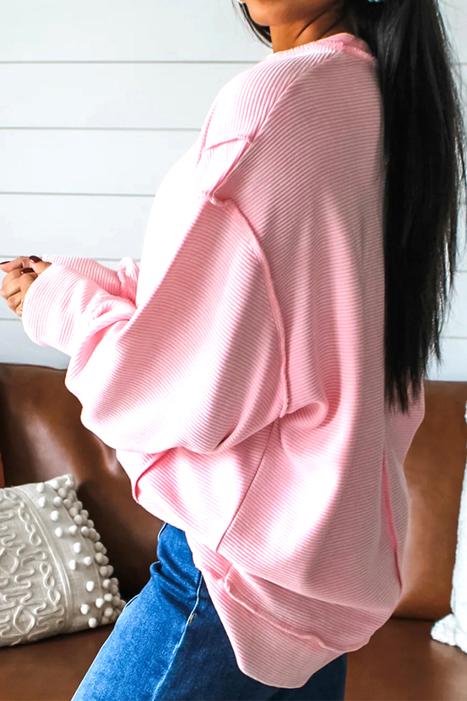 Pink Exposed Seam Ribbed Texture Sequin Love Cake Bow Graphic Long Sleeve Top - loveforevers