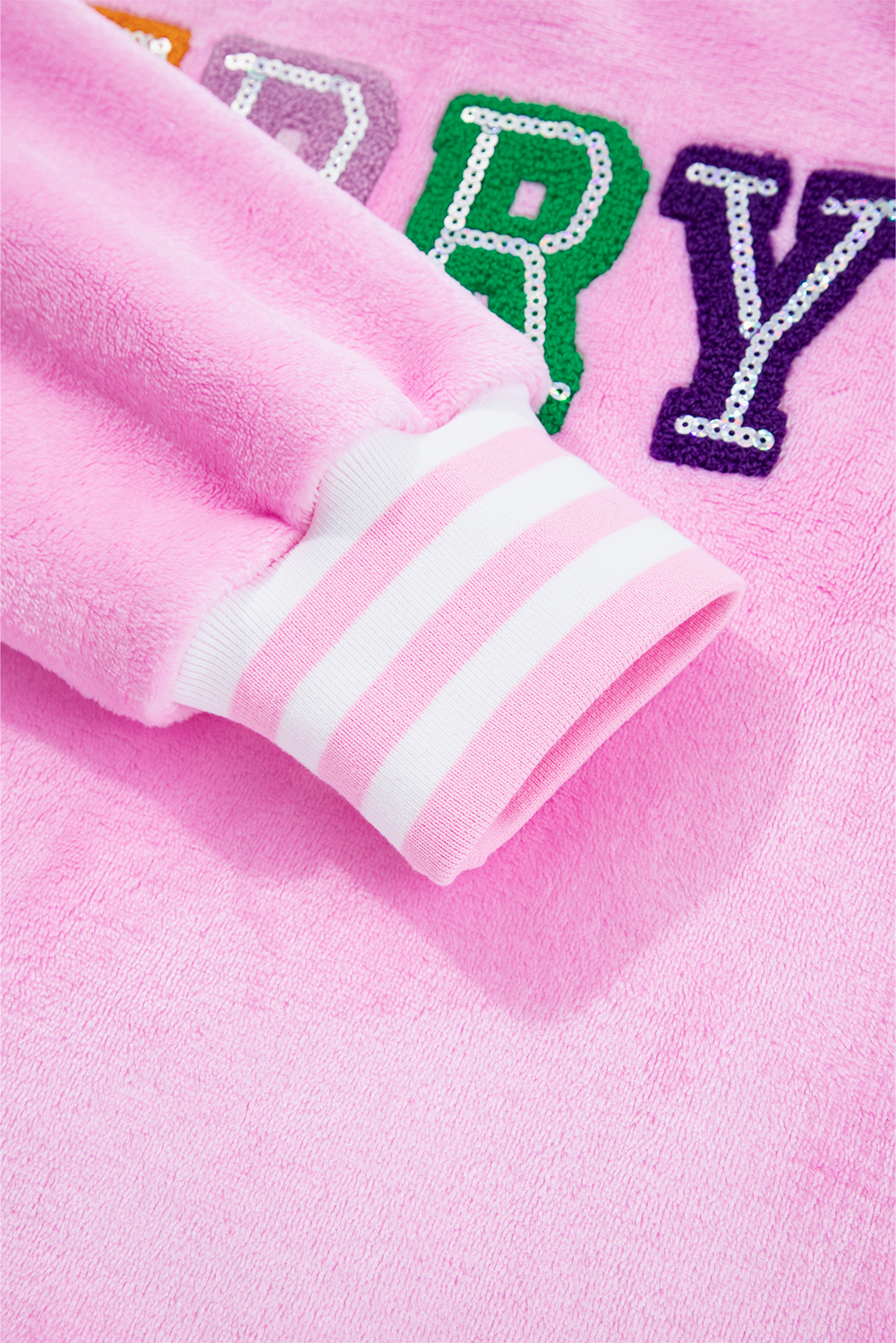 Sachet Pink Sequin Chenille MERRY Graphic Plush Pullover - loveforevers