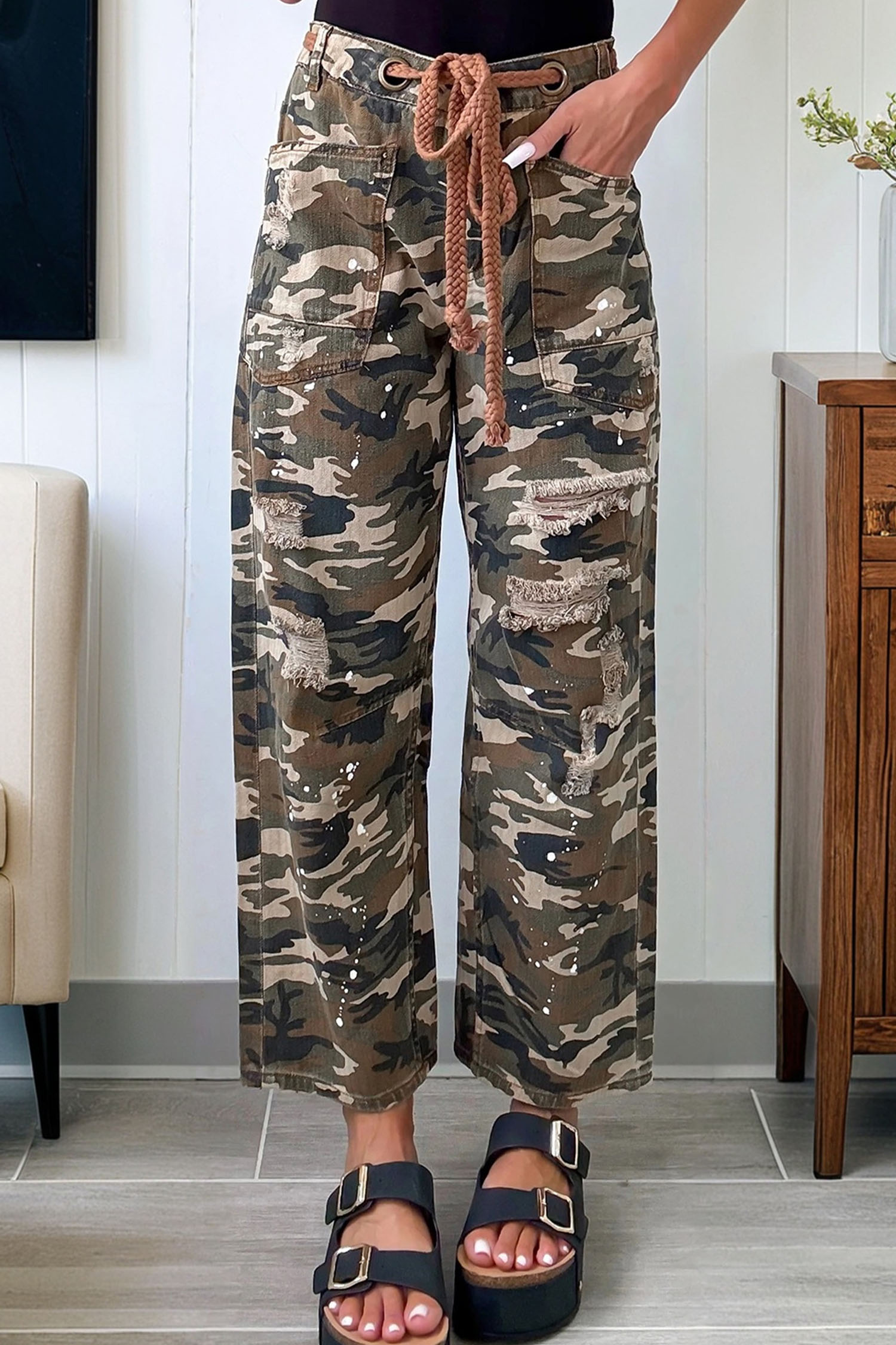 Green Camouflage Print Splashed Distressed Loose Denim Pants - loveforevers