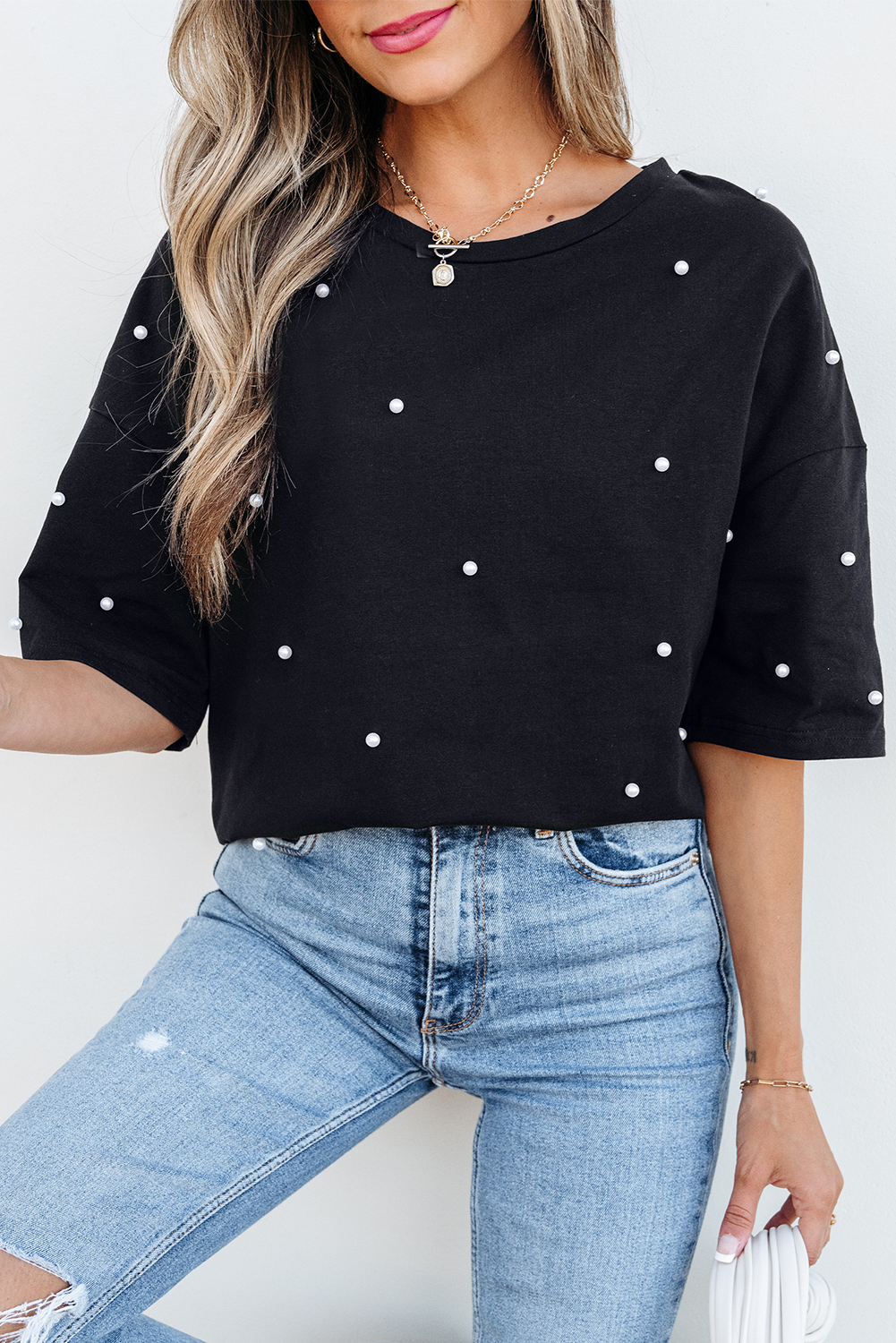Black Pearl Beaded  Drop Shoulder Crewneck T Shirt - loveforevers