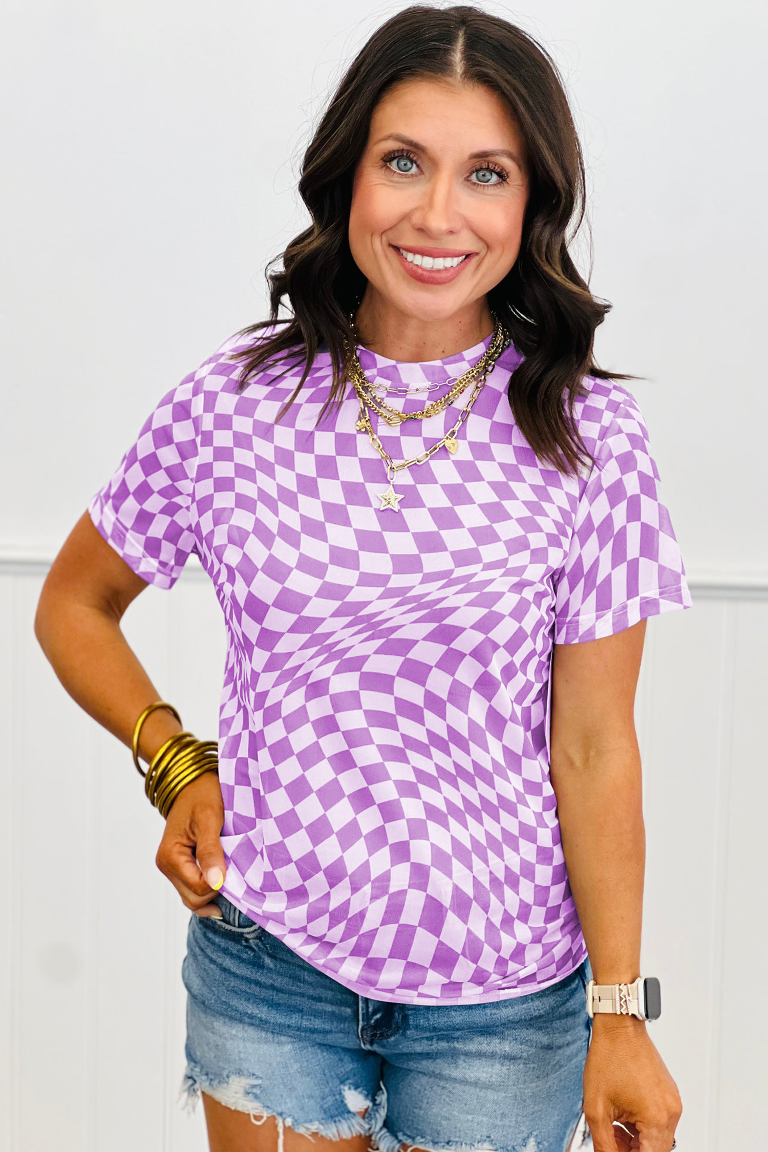 Purple Checkered Print Mock Neck Mesh T Shirt - loveforevers