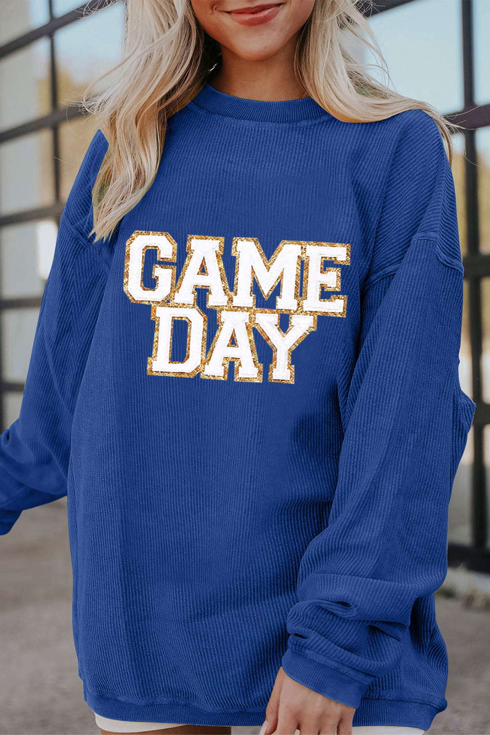 Dark Blue GAME DAY Glitter Detail Ribbed Drop Shoulder Sweatshirt - loveforevers