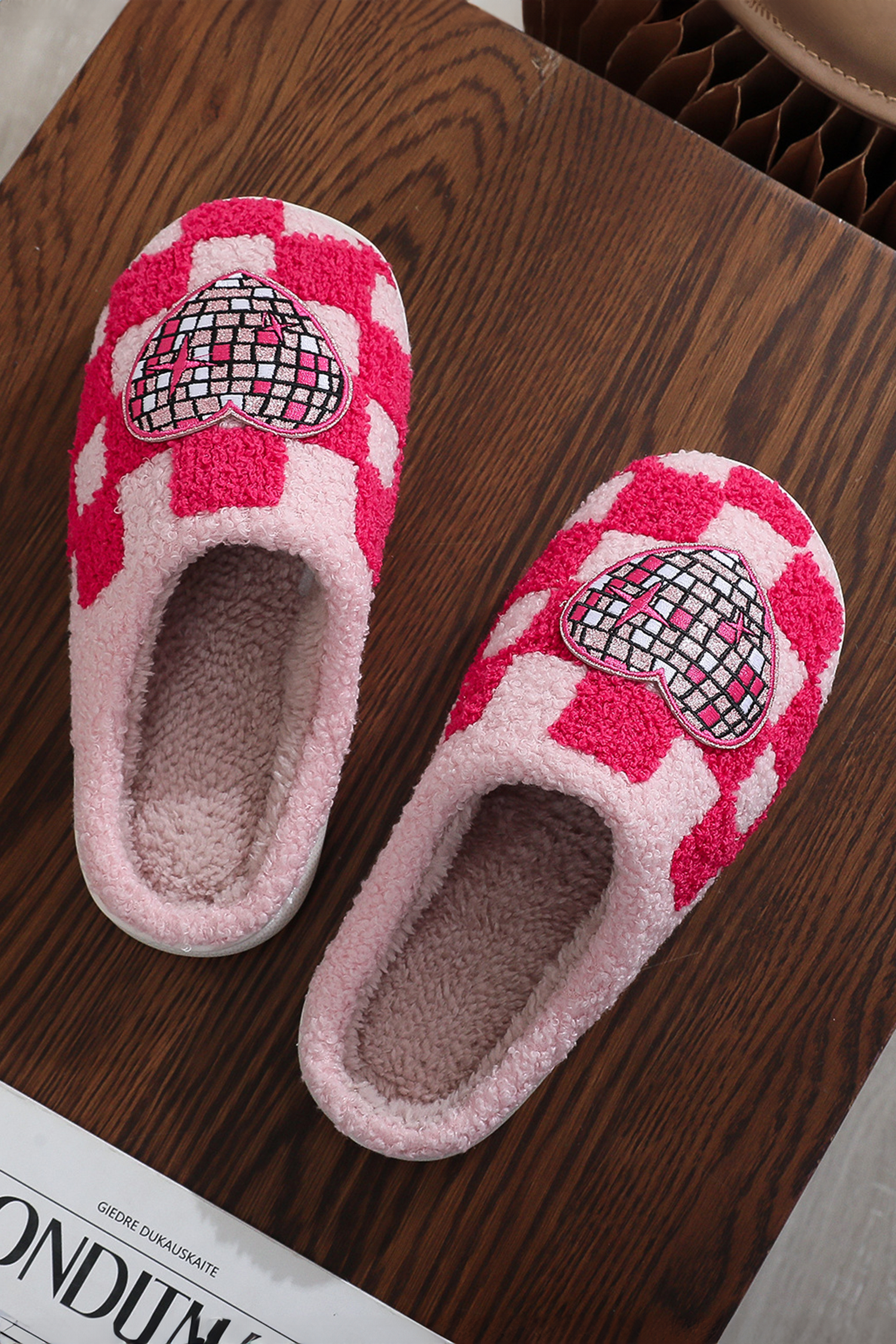 Fiery Red Disco Checkered Heart Plush Winter House Slippers - loveforevers