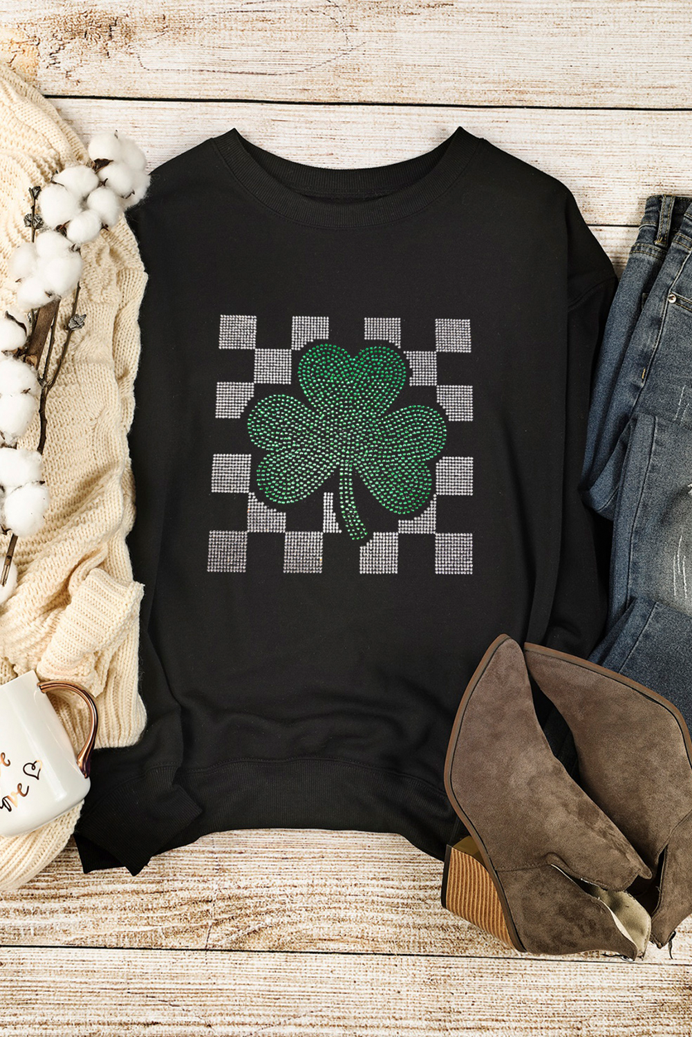 Black Rhinestone Checkerboard Clover Graphic St Patrick Sweatshirt - loveforevers