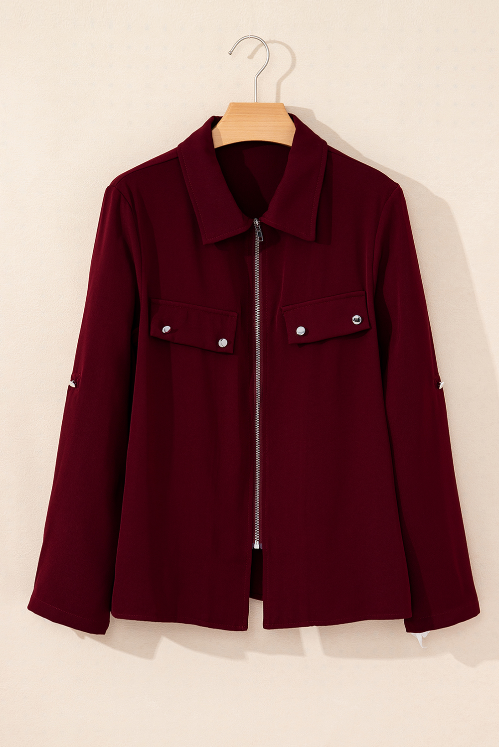 Red Dahlia Collar Tab Sleeve Zip Up Flap Detail Jacket - loveforevers