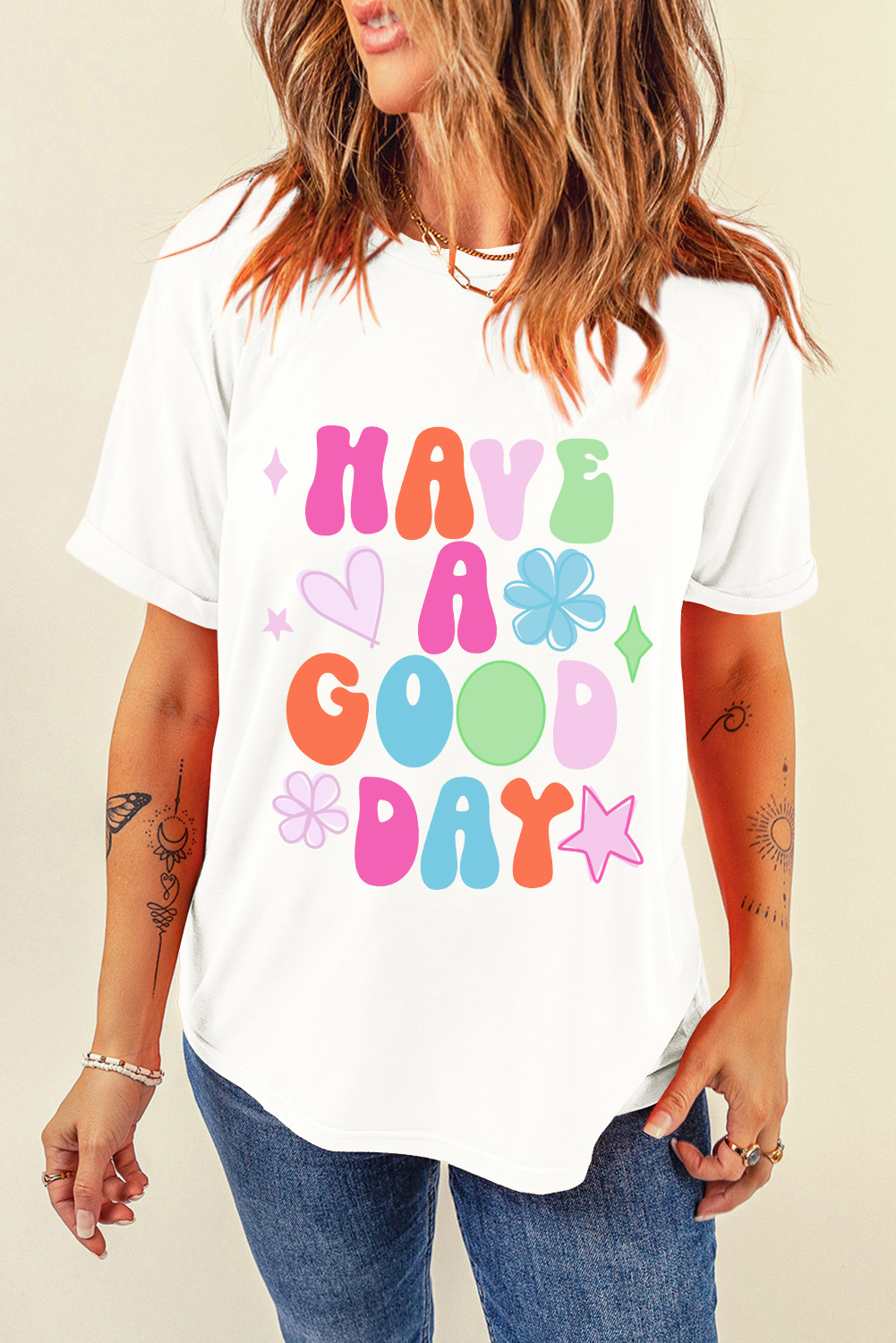 White HAVE A GOOD DAY Print Graphic Casual Tee - loveforevers