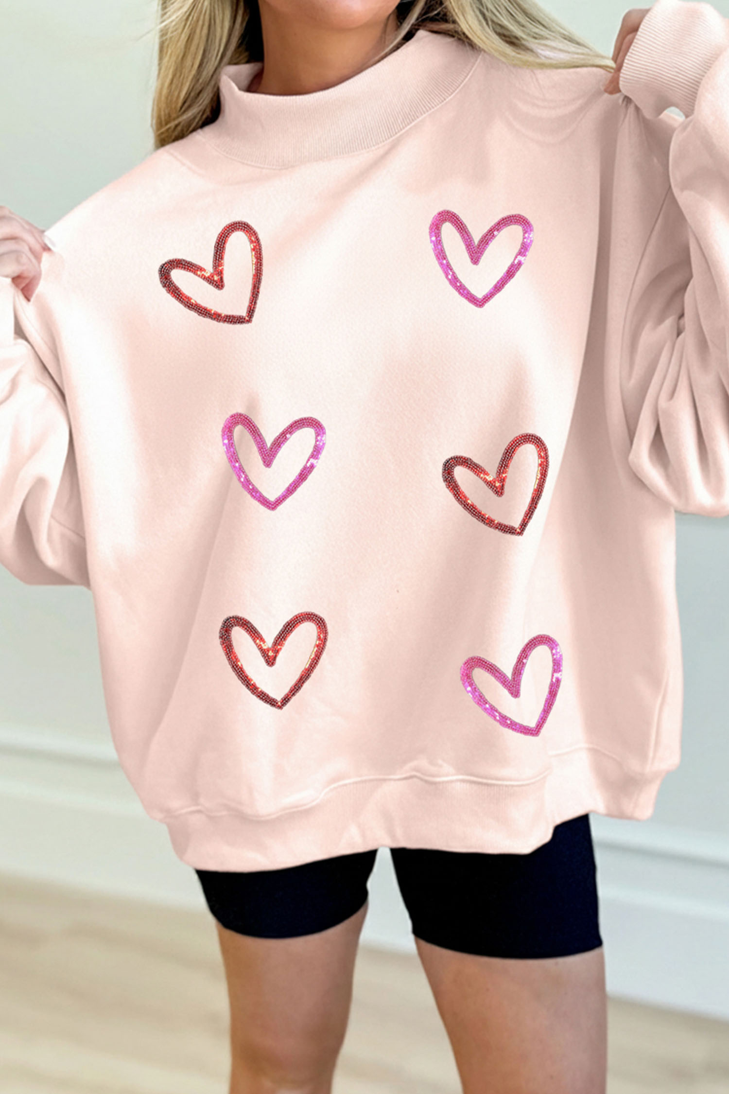 Apricot Pink Sequin Heart Sketch Patched Mock Neck Sweatshirt - loveforevers