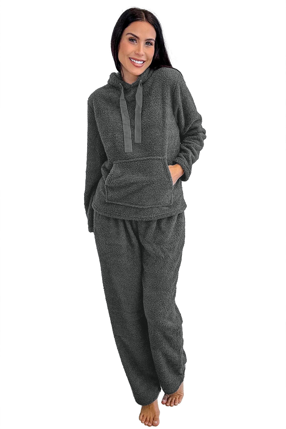 Medium Grey Fuzzy Drawstring Hoodie Lounge Pants 2pcs Set - loveforevers