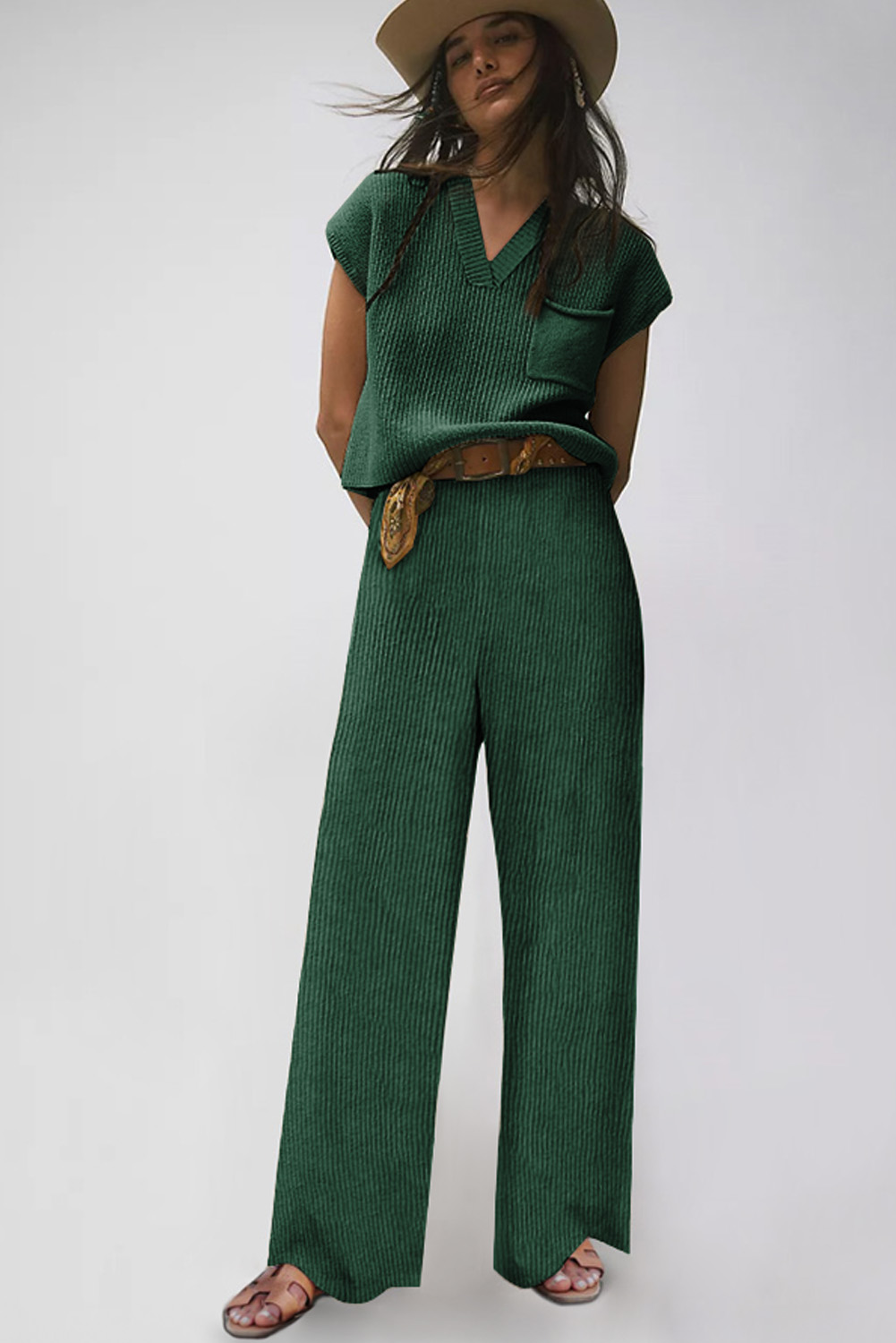 Green Knitted V Neck Sweater and Casual Pants Set - loveforevers