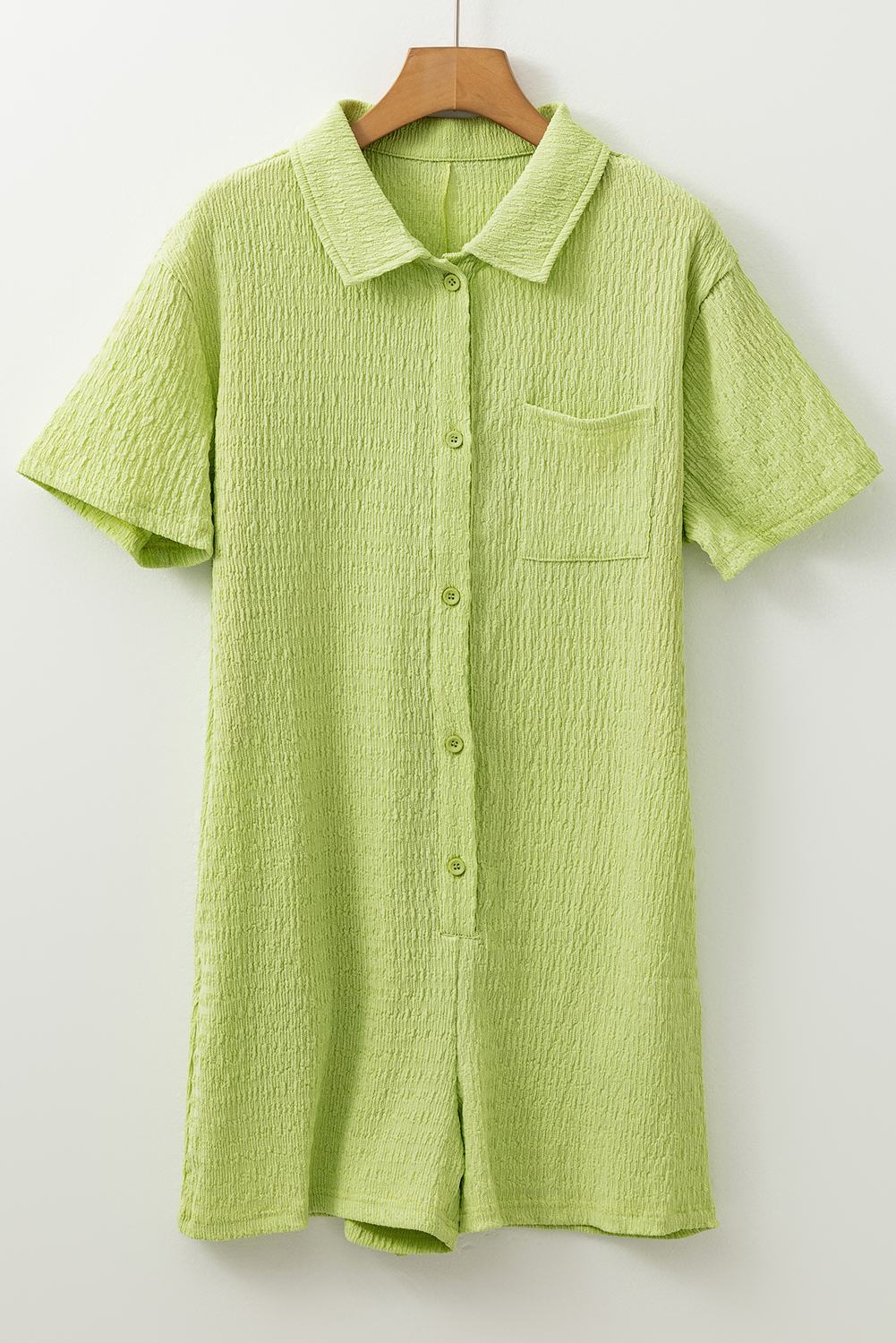 Meadow Mist Green Textured Short Sleeve Patched Pocket Buttoned Shirt Romper - loveforevers
