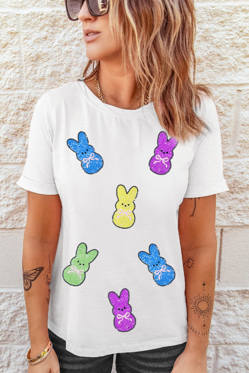 White Sequin Bow Bunny Doll Patched Easter Graphic Tee - loveforevers