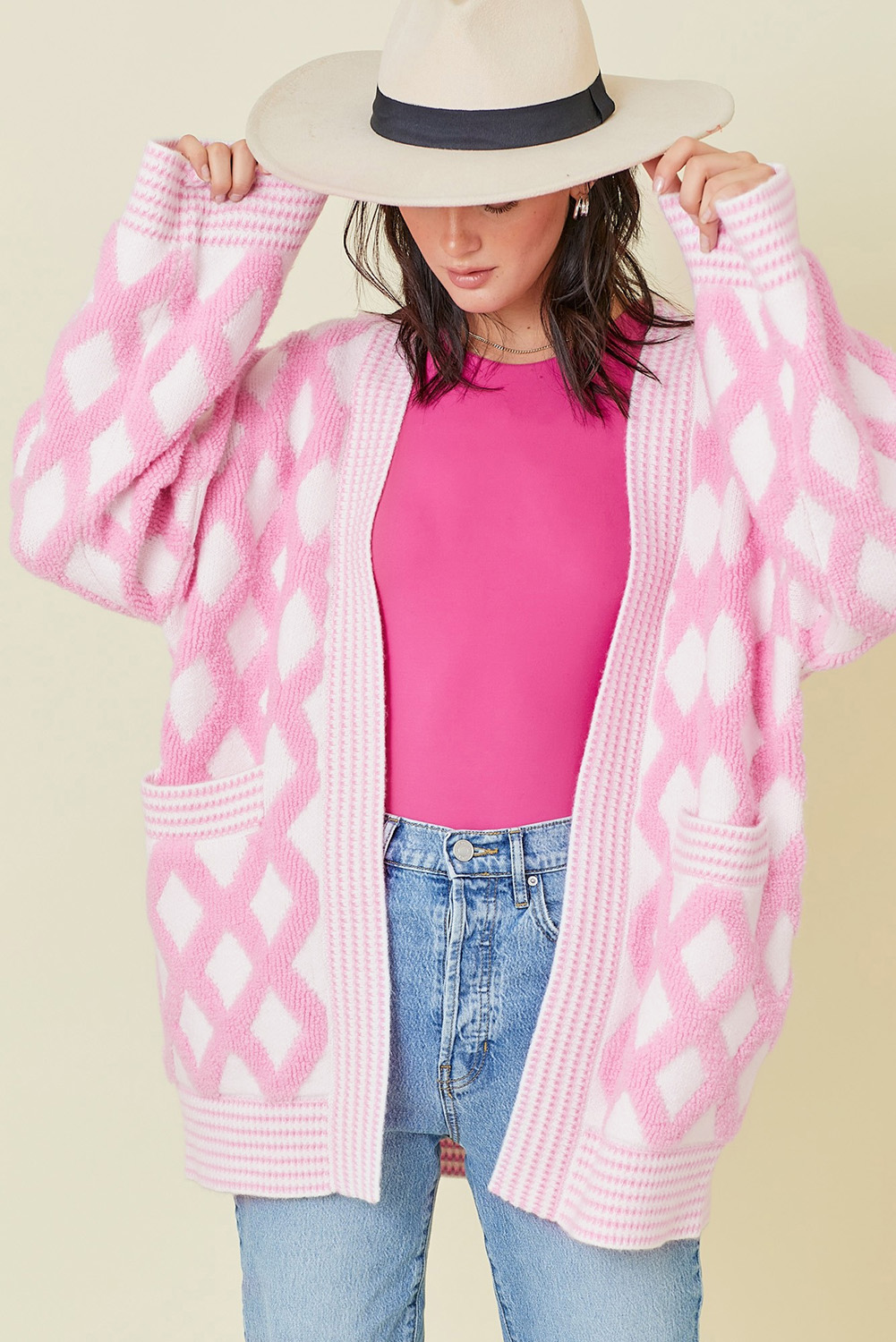 Pink Rhombus Pattern Knit Open Front Pocketed Cardigans - loveforevers