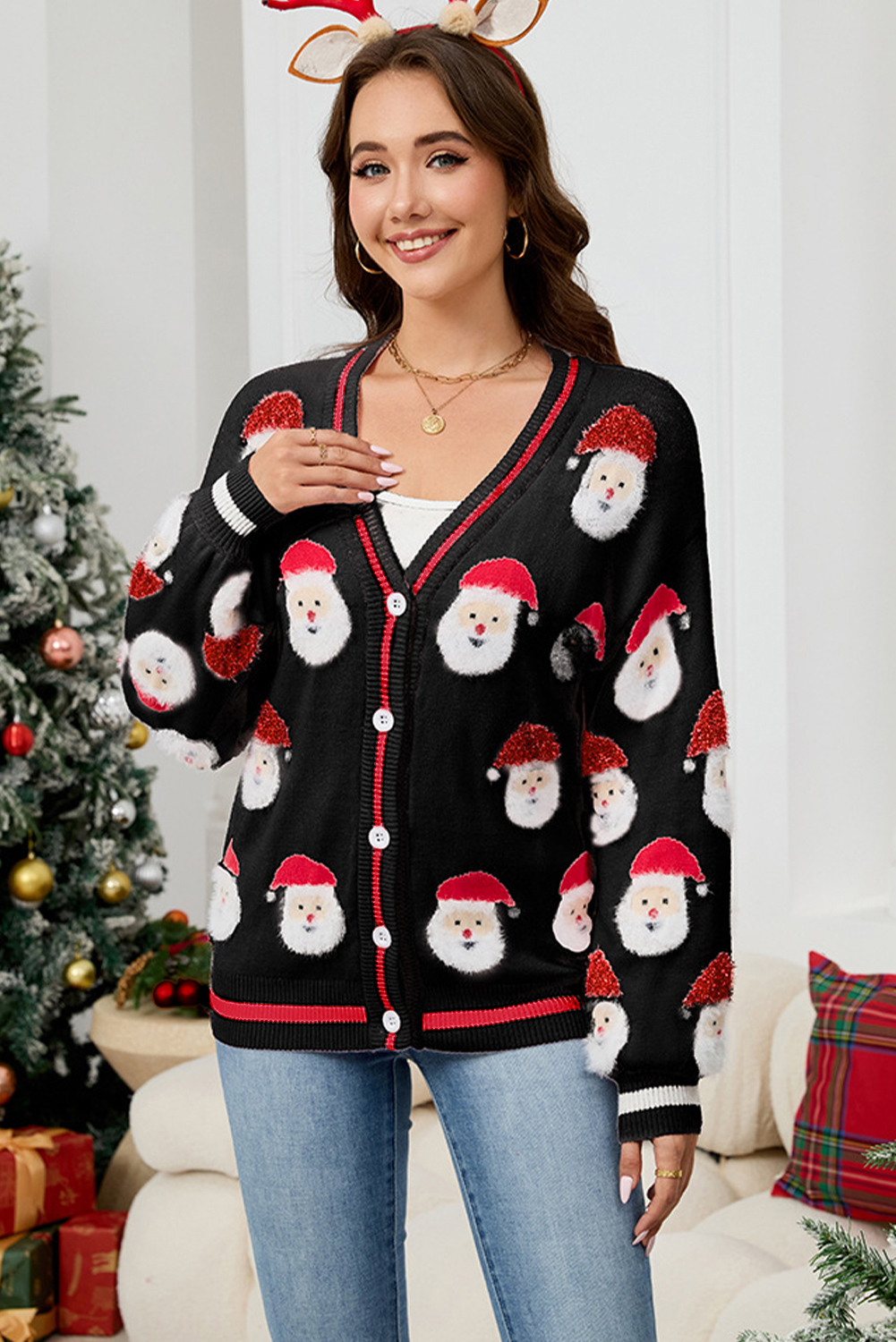 Black Christmas Santa Claus Pattern Button V Neck Sweater Cardigan - loveforevers