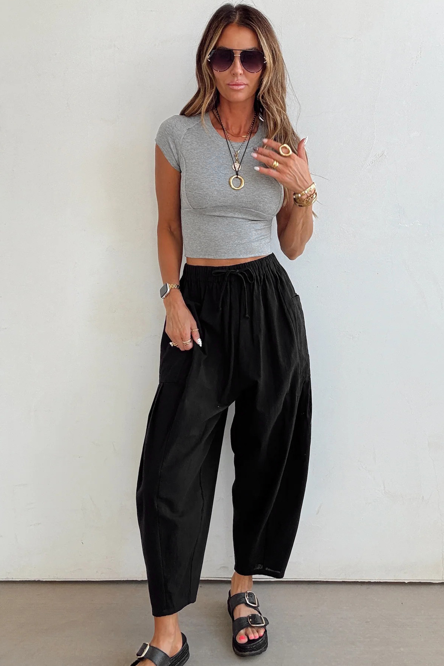 Black Drawstring Elastic Waist Patch Pocket Barrel Leg Casual Pants - loveforevers