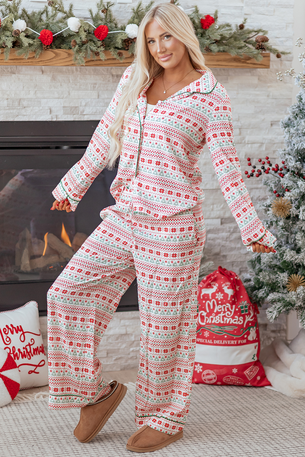 White Christmas Pattern Print Shirt Style Long 2pcs Pajama Set - loveforevers
