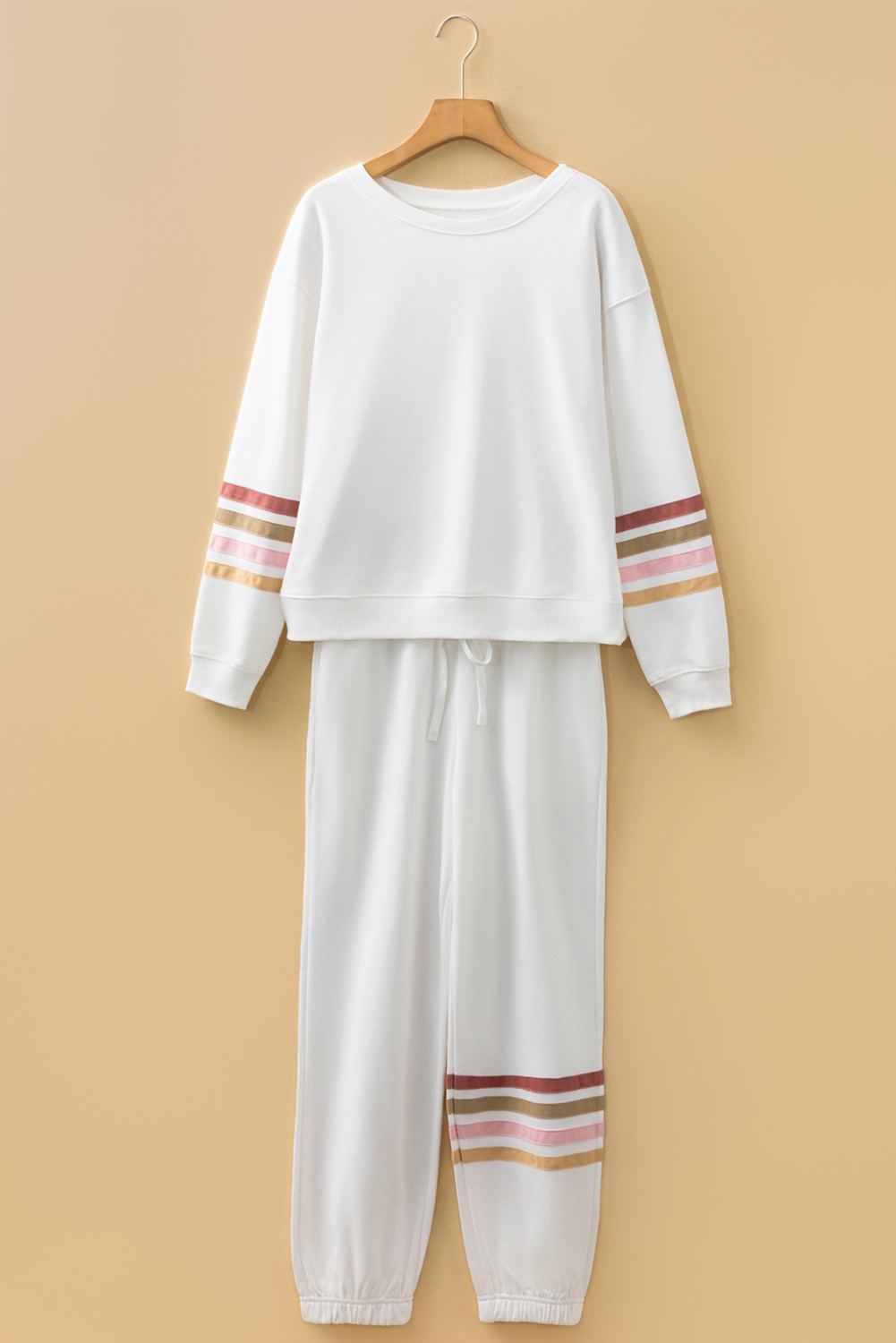 Beige Striped Drop Shoulder Round Neck Pullover and Jogger Pants Active Outfit - loveforevers