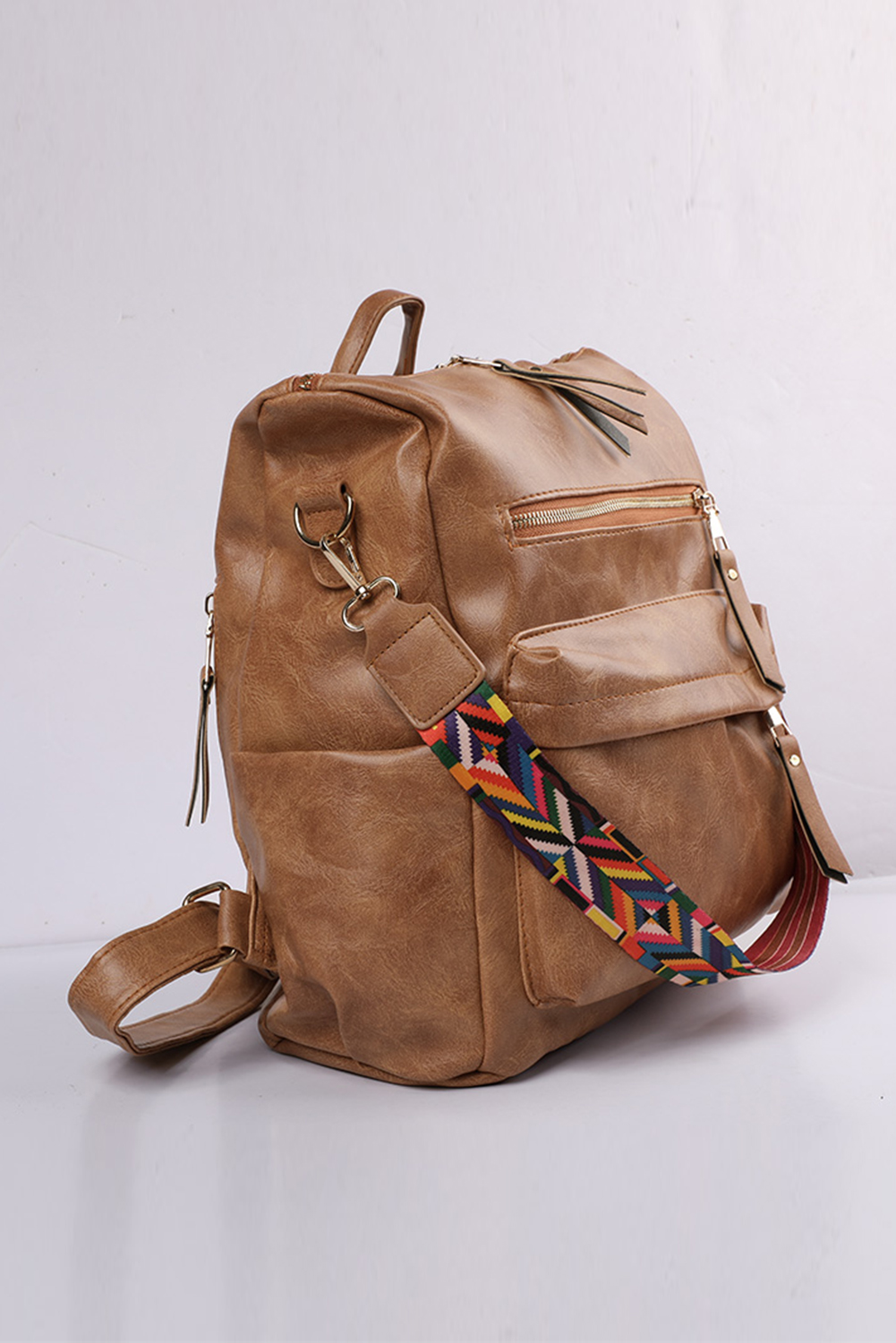 Color black Geometric Crochet Strap PU Leather Large Backpack - loveforevers