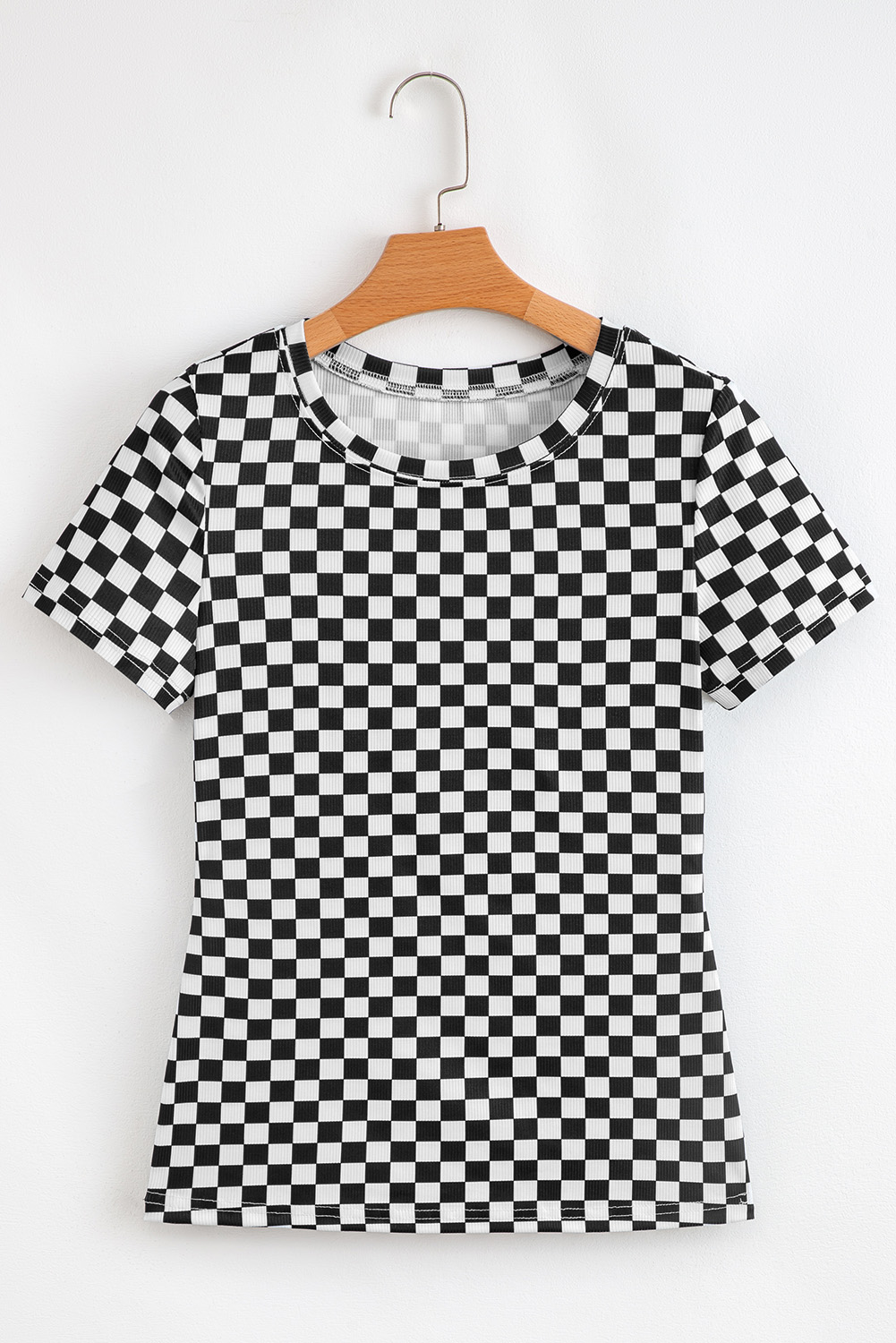 Pink Checkered Ribbed Slim Fit Crew Neck T Shirt - loveforevers