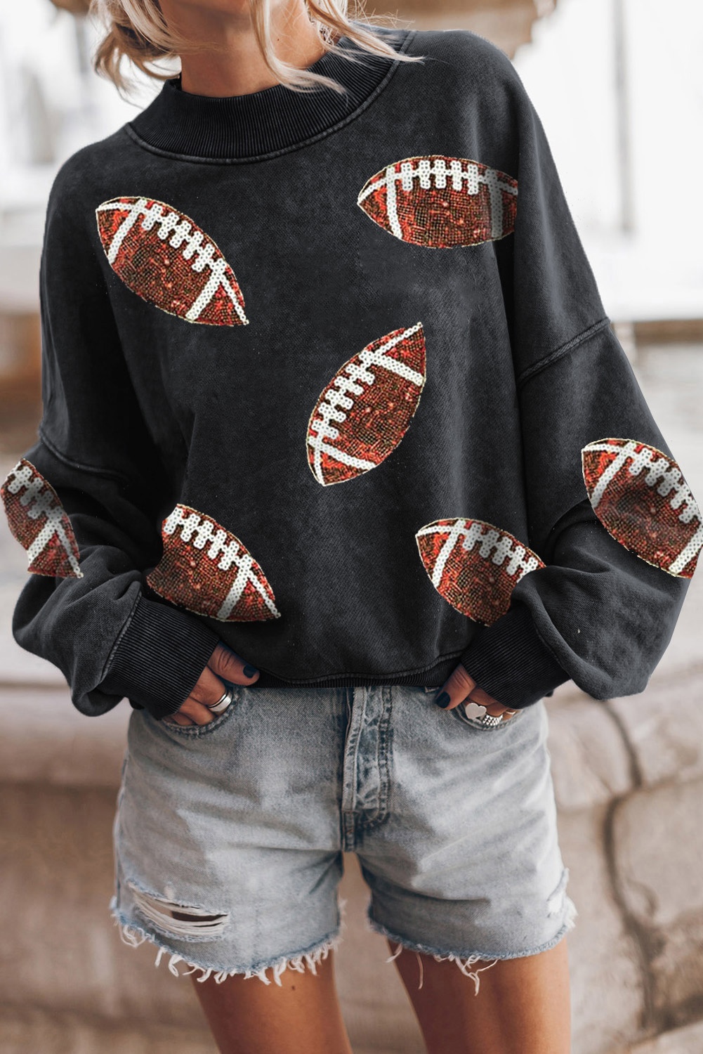 Black Rugby Football Print Drop Shoulder Crew Neck Sweatshirt - loveforevers
