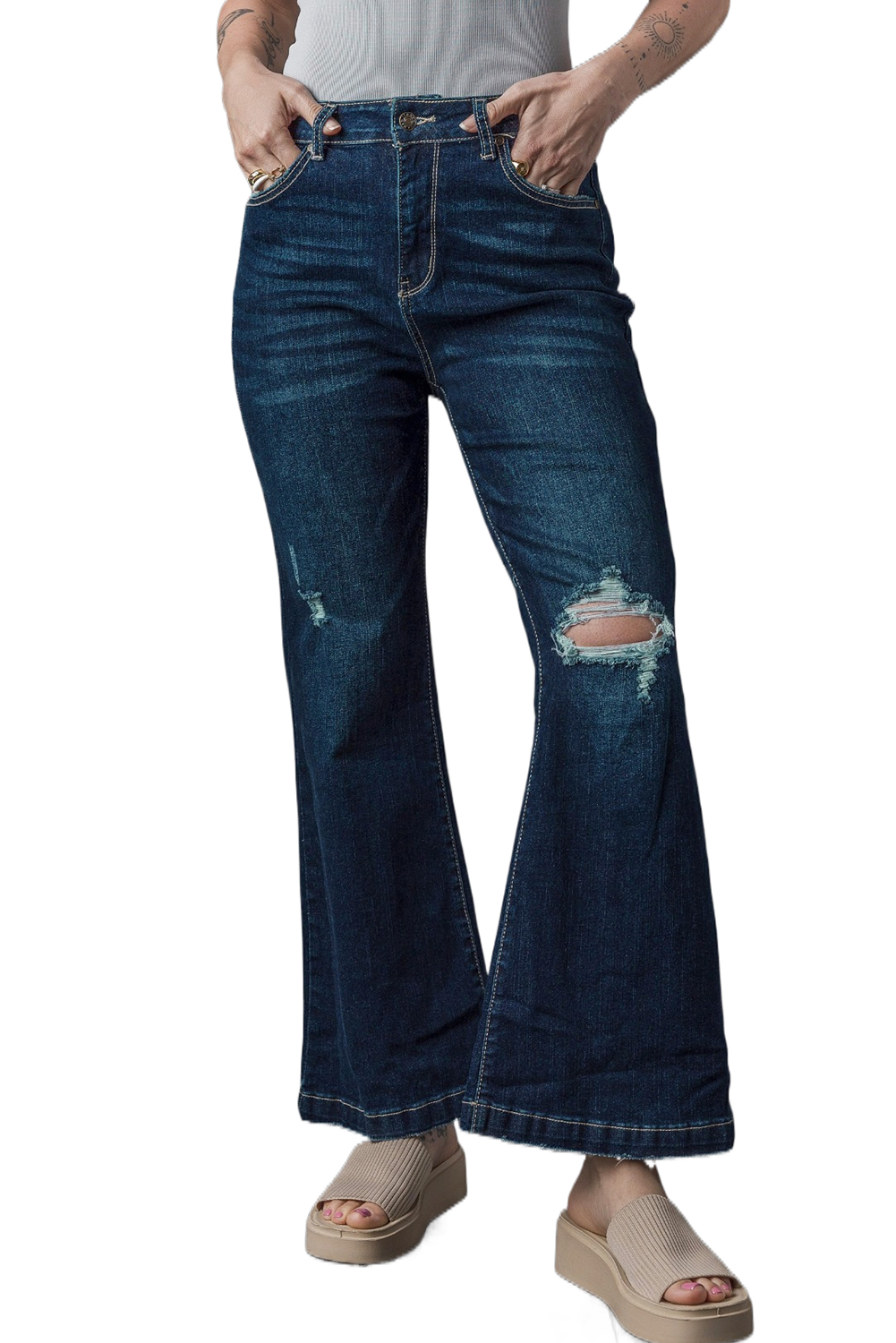 Real Teal High Rise Ripped Bell Bottom Jeans - loveforevers