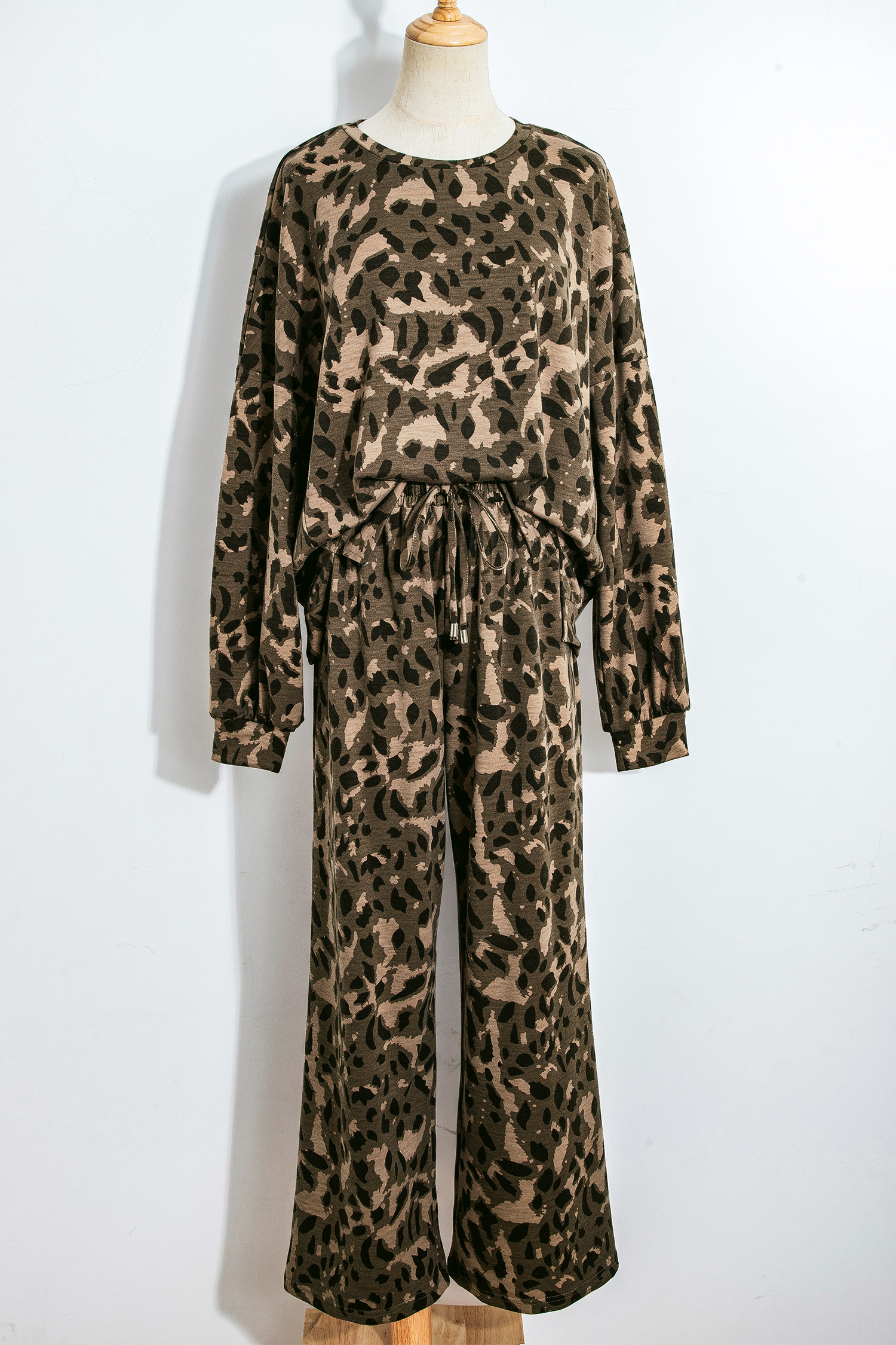 Brown Leopard Loose Tee Drawstring Waist Barrel Pants Set - loveforevers