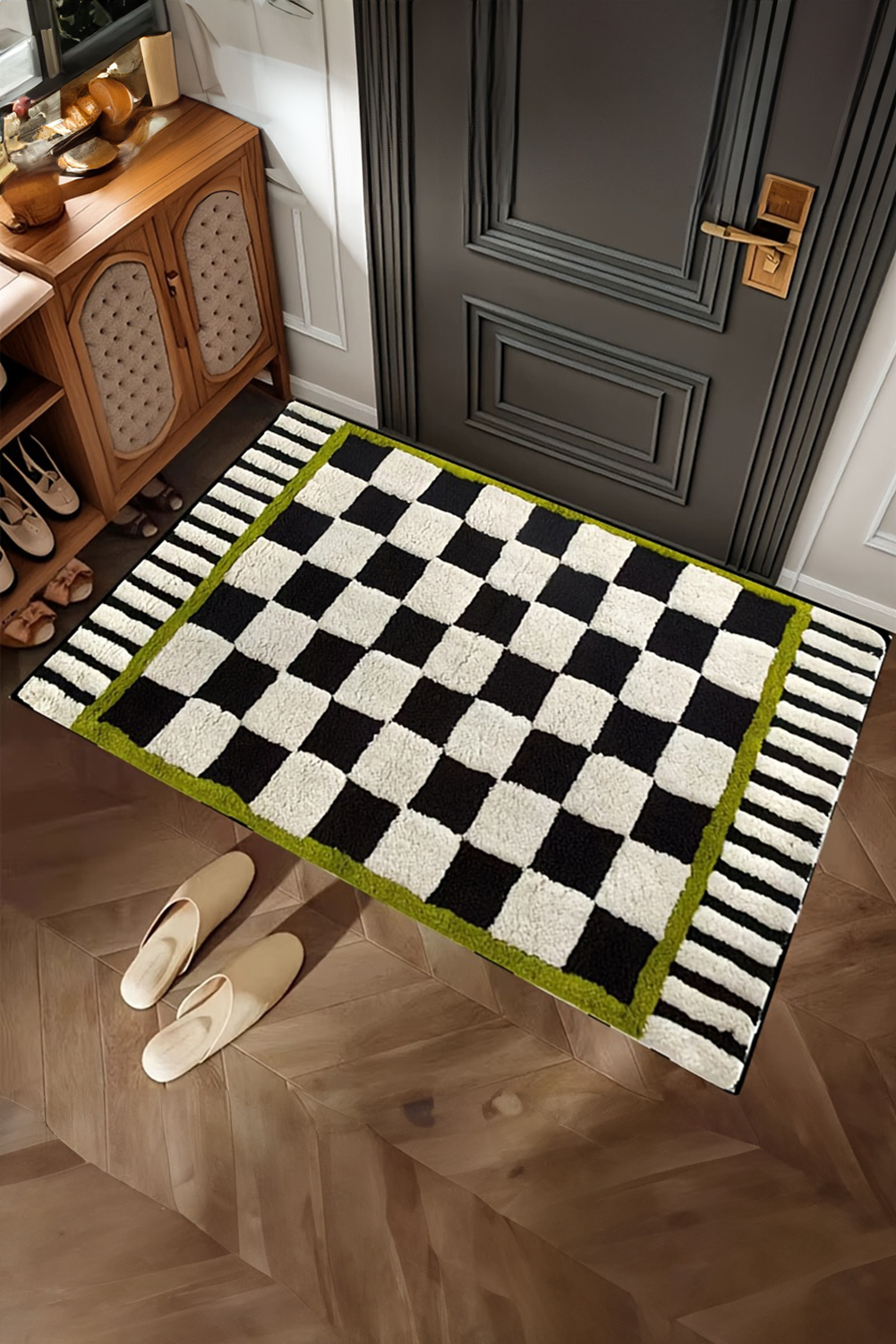 Spinach Green Square Trim Plush Checkered Striped Bath Rug - loveforevers