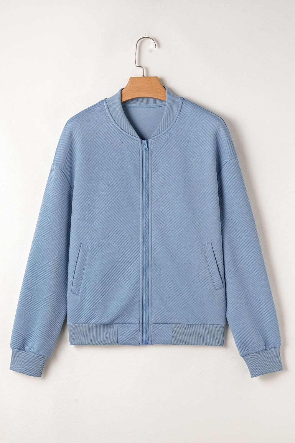 Myosotis Solid Textured Stand Neck Zipper Bomber Jacket - loveforevers