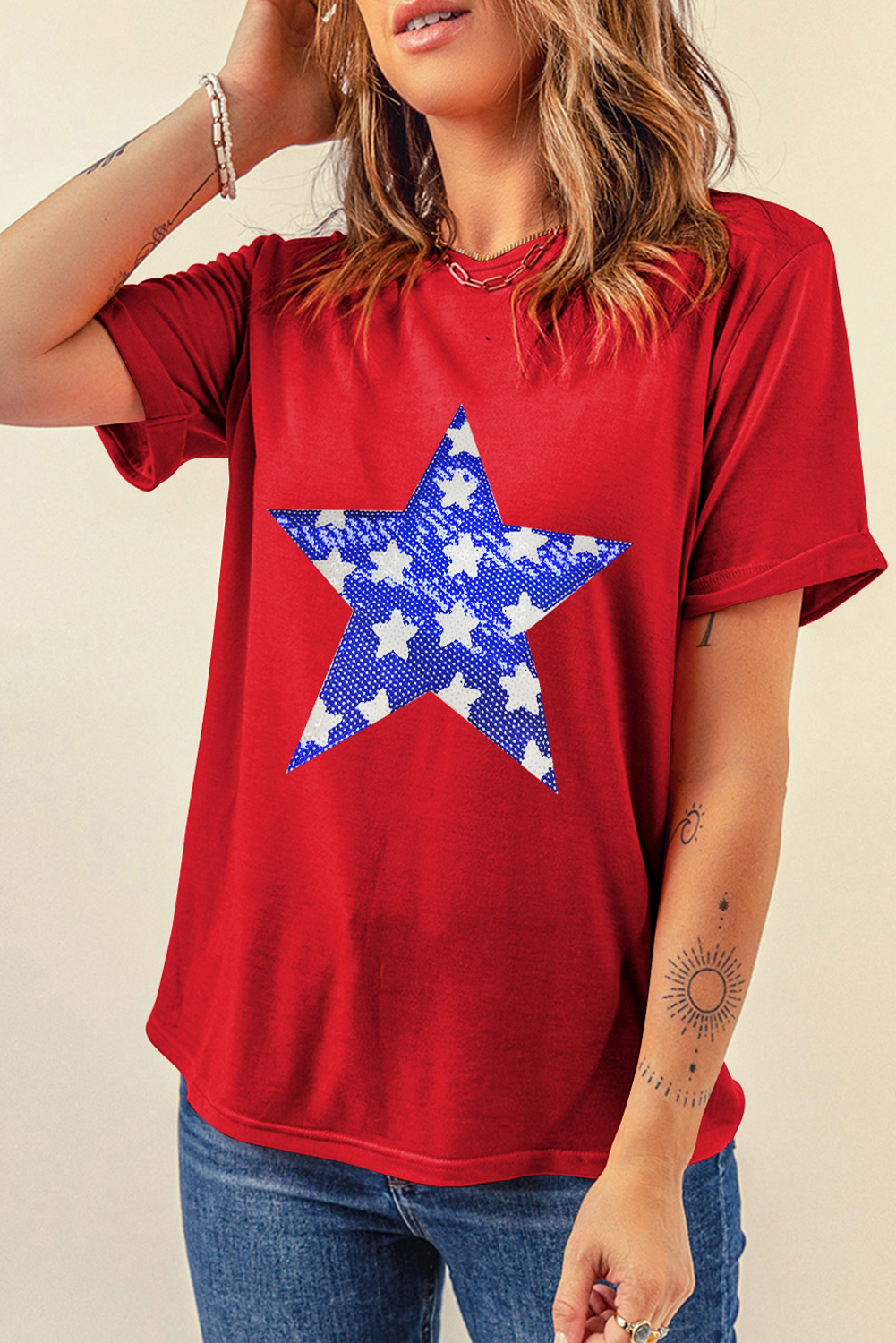 Red Sequin Star Graphic Crewneck T Shirt - loveforevers