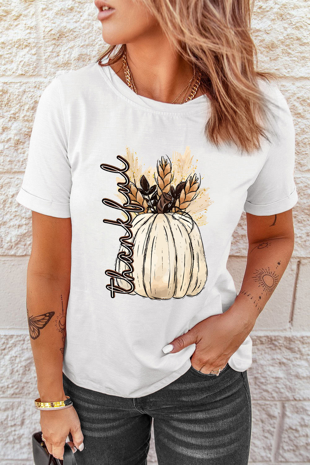White Harvest Pumpkin Graphic Thanksgiving Tee - loveforevers