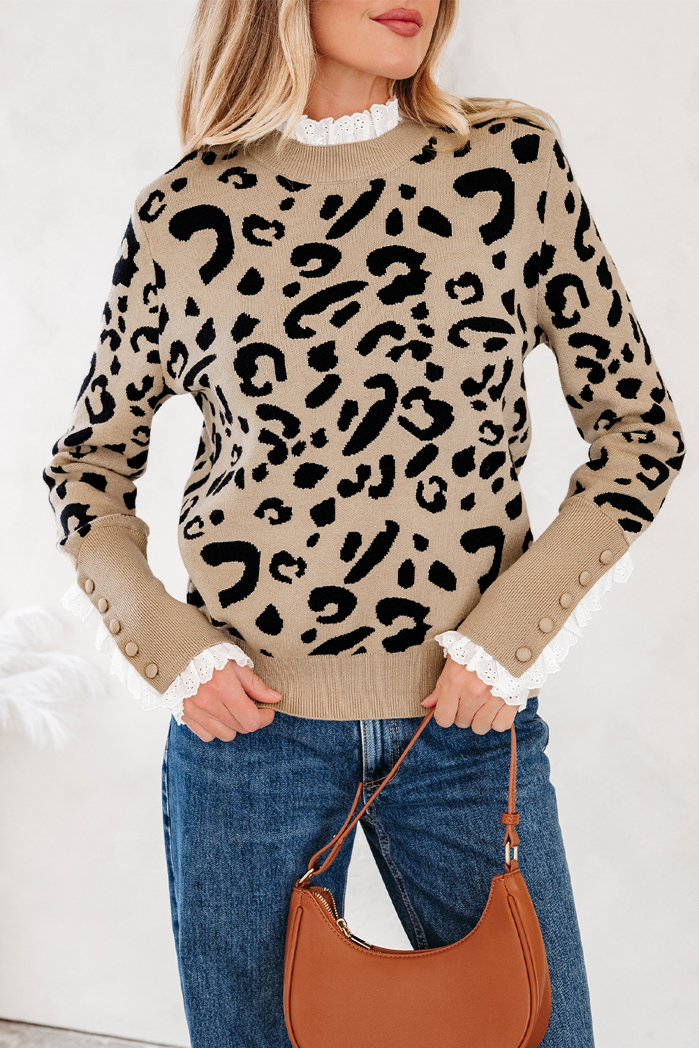 Dearlovers Brown Leopard Pattern Lace Ribbed Detail Button Cuffed Sweater - loveforevers