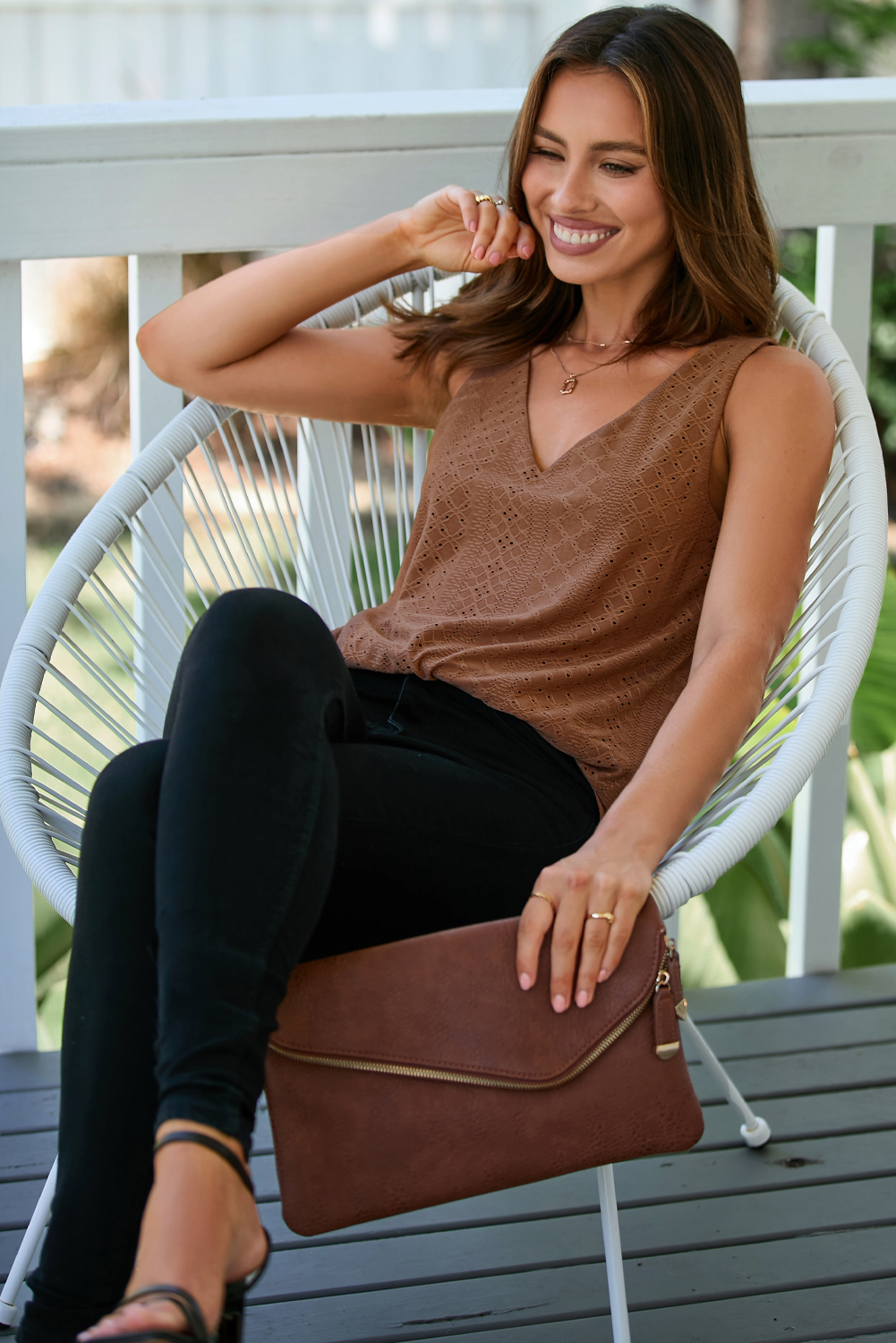 Coffee Eyelet Knit Patterned Loose V Neck Tank Top - loveforevers