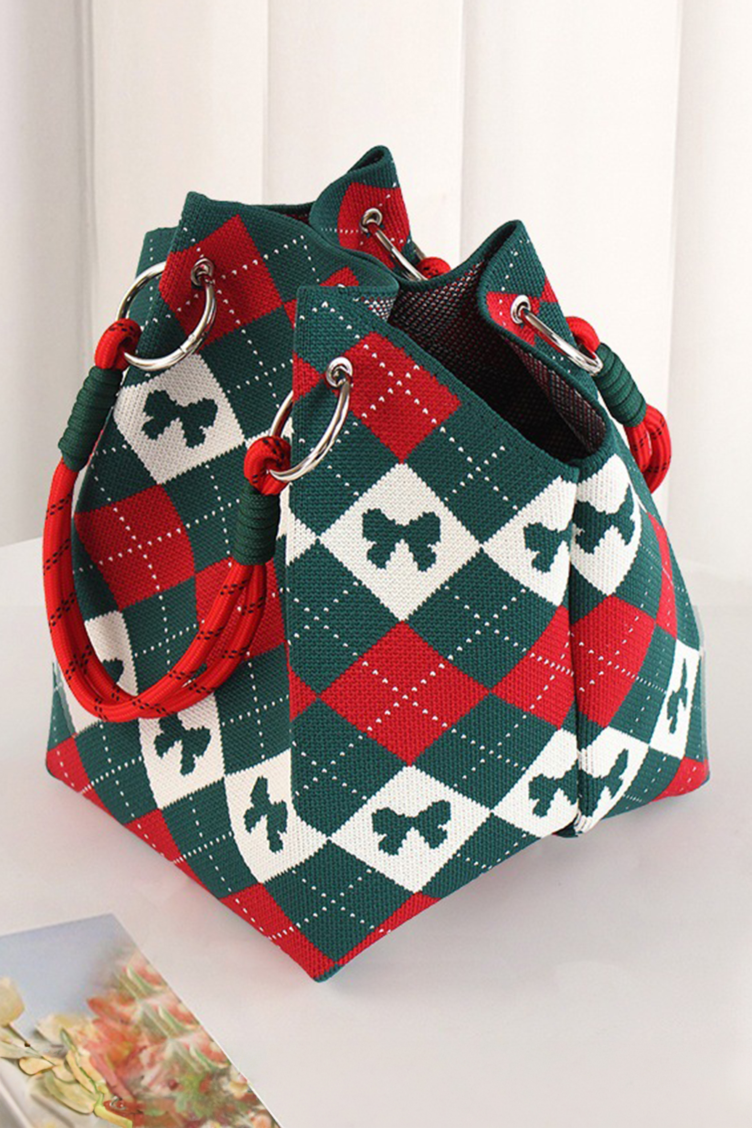 Fiery Red Retro Argyle Bow Printed Fashion Knit Bucket Bag - loveforevers