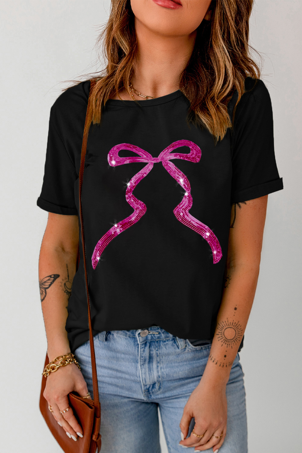 Black Sequin Bow Ribbon Graphic T Shirt - loveforevers
