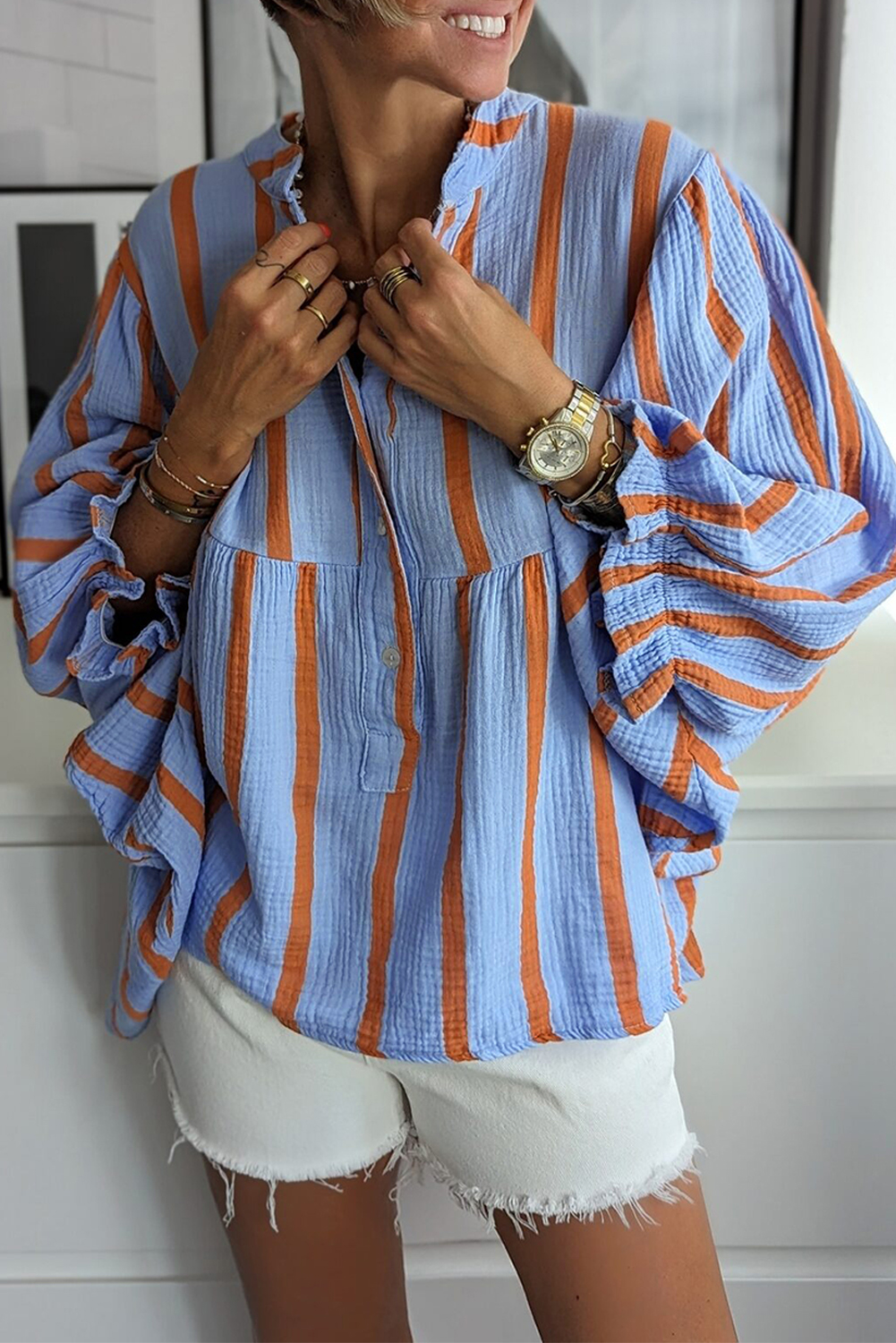 Sky Blue Stripe Crinckled Ruffled Sleeve Button up Loose Shirt - loveforevers