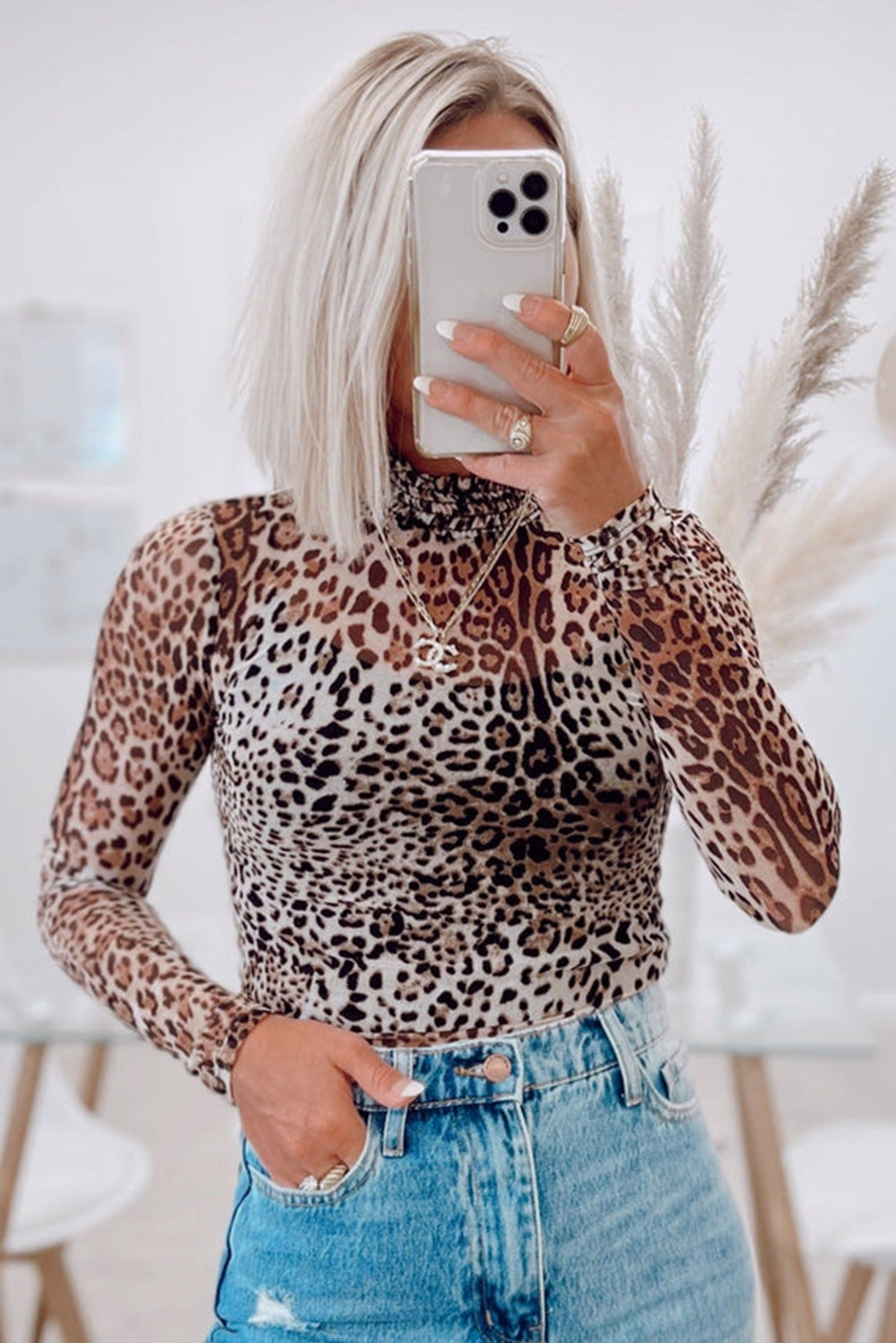 Brown Leopard Smocked Neck Mesh Long Sleeve Bodysuit - loveforevers