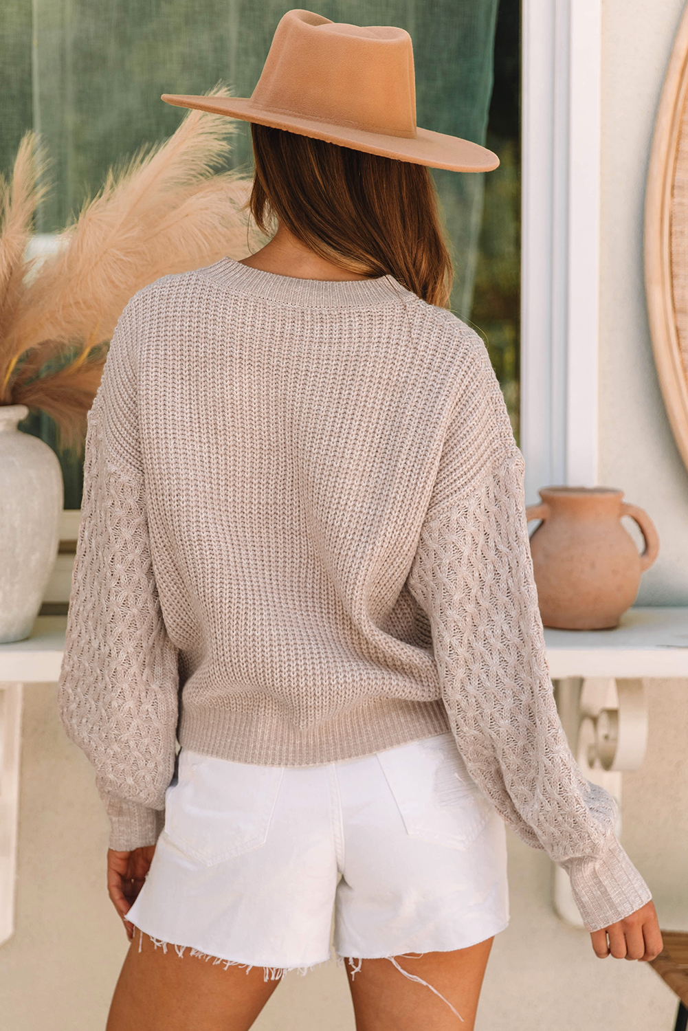Parchment Cable Knit Sleeve Drop Shoulder Sweater - loveforevers