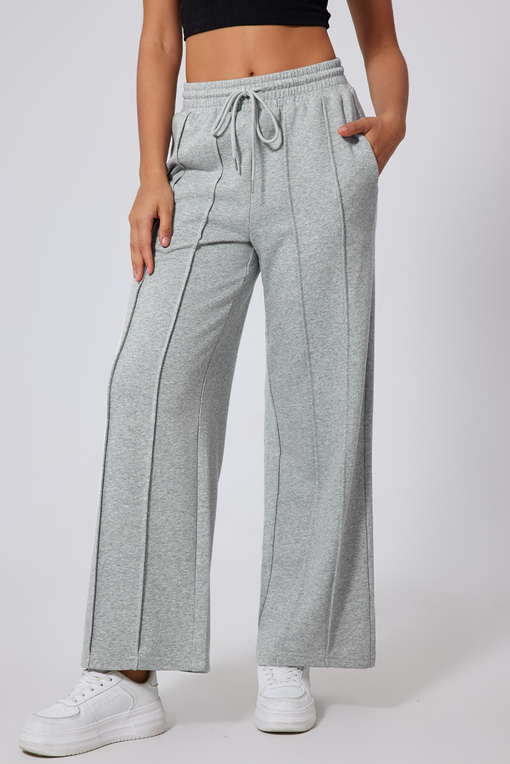 Black Seamed Drawstring High Waist Wide Leg Sweatpants - loveforevers