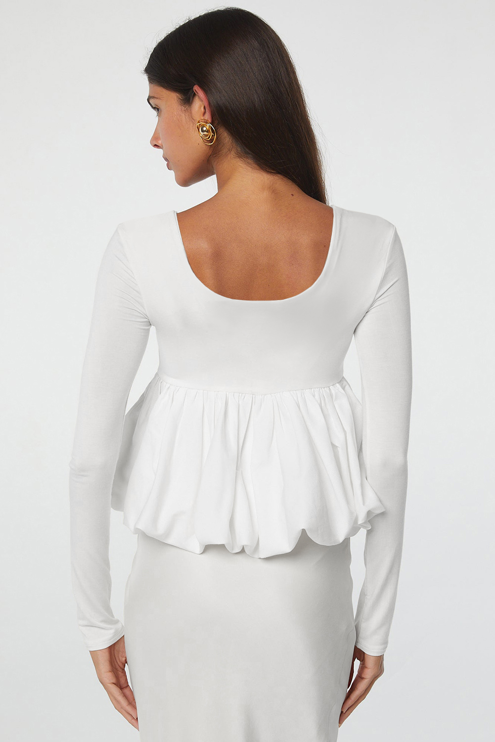White U Neck Long Sleeve Bubble Hem Top - loveforevers