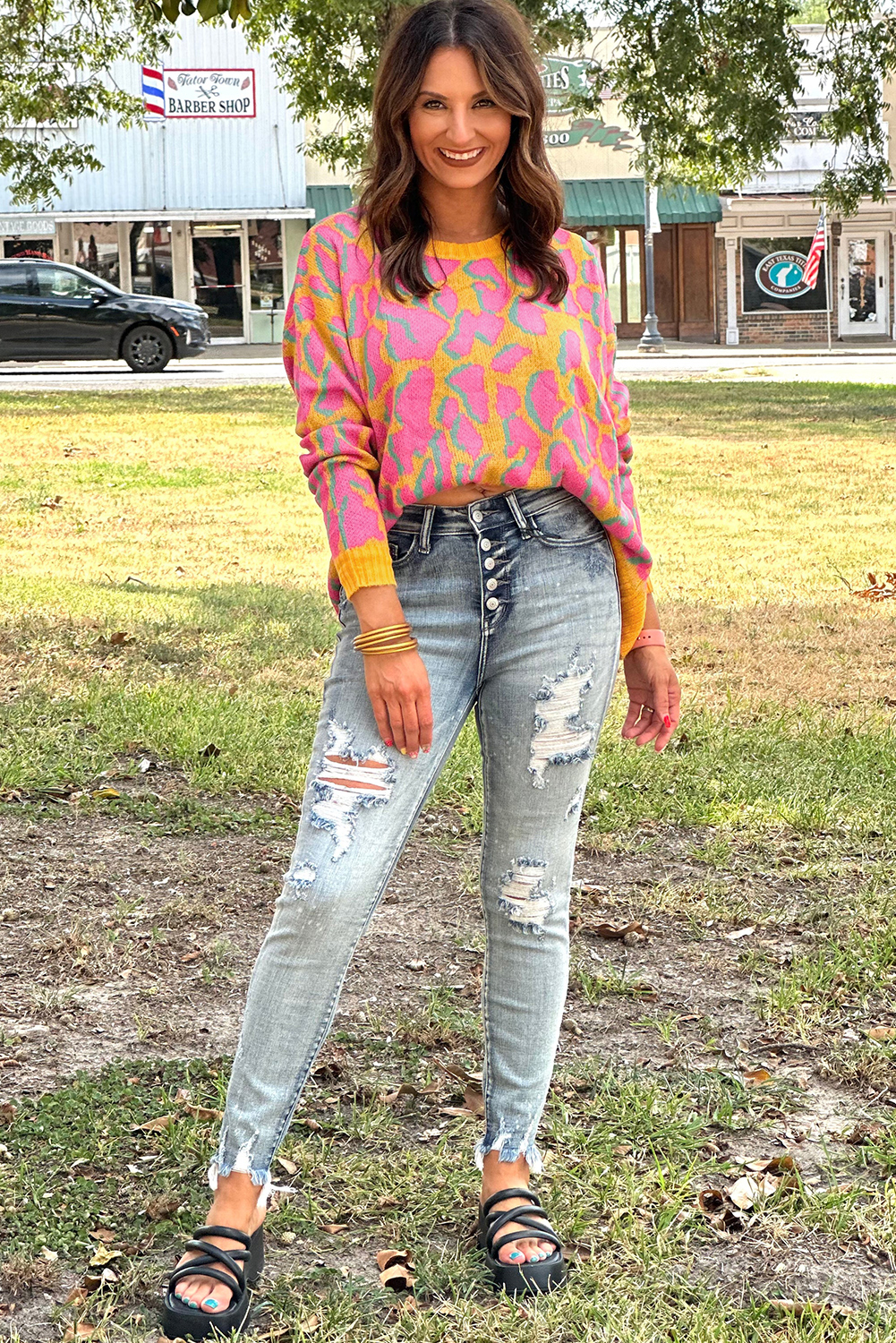 Green Abstract Print Ribbed Trim Baggy Sweater - loveforevers