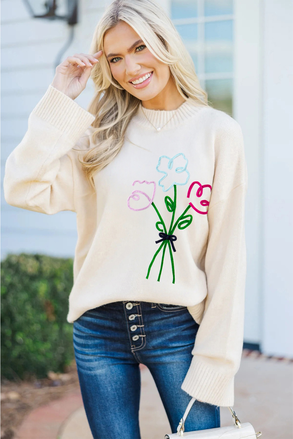 White Embroidered Flower Bouquet Ribbed Trim Loose Sweater - loveforevers
