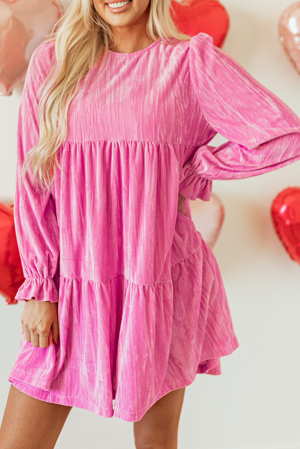 Strawberry Pink Flounce Sleeve Tiered Ruffled Velvet Mini Dress - loveforevers