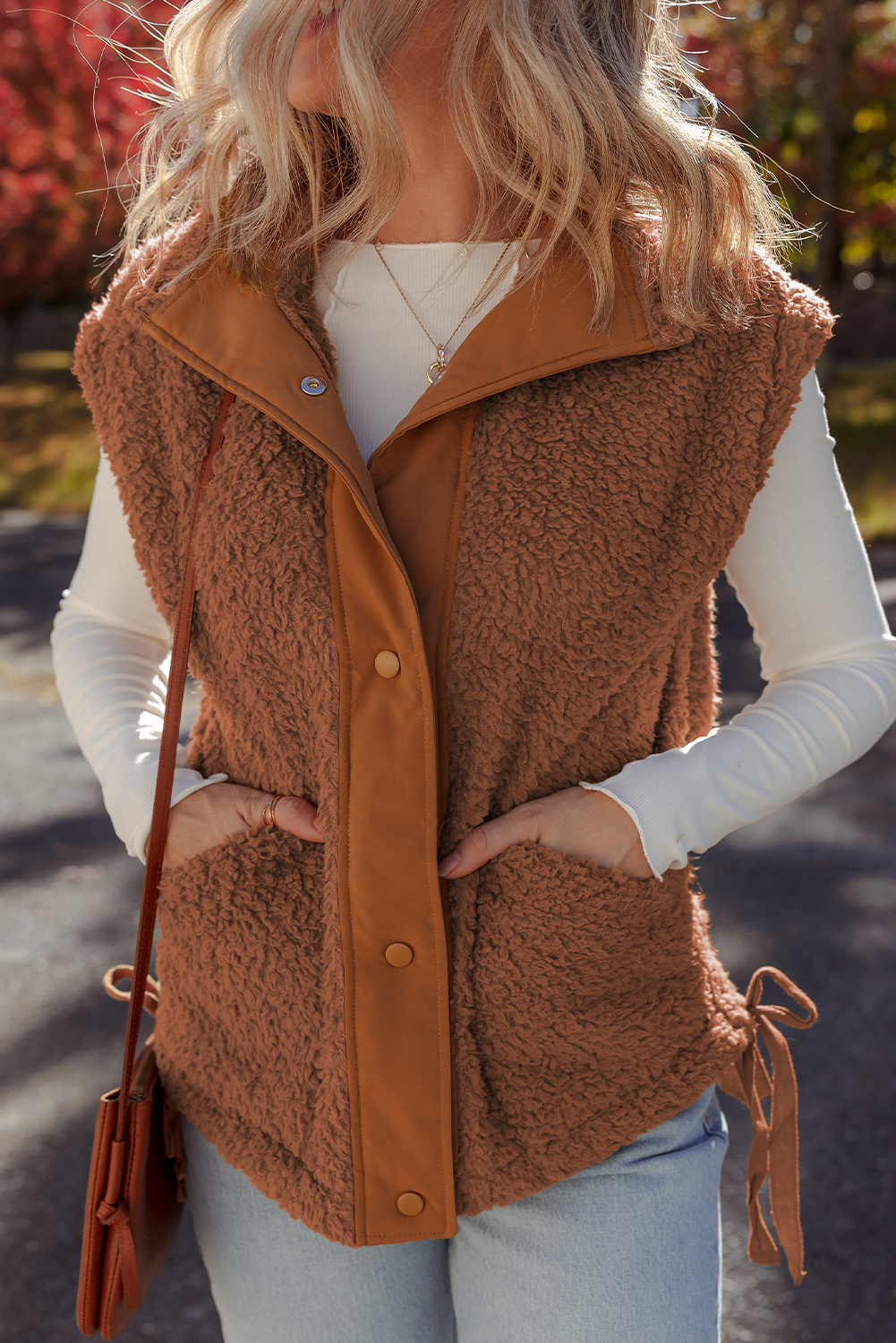 Cinnamon Faux Fur Snap Button Front Knot Side Plush Vest with Pockets - loveforevers