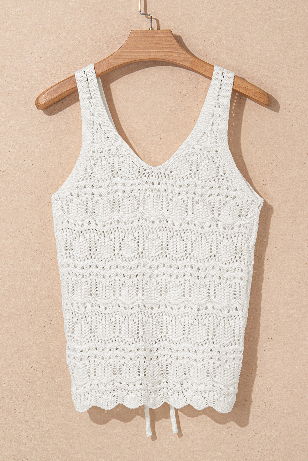 Beige Trendy Hollowed Knit V Neck Drawstring Sweater Vest - loveforevers