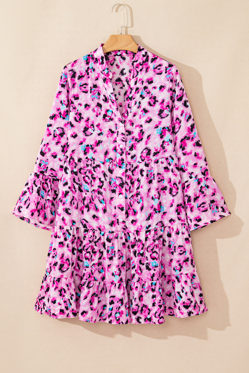 Khaki Leopard Print Buttoned Front 3/4 Sleeve Tiered Ruffled Hem Dress - loveforevers