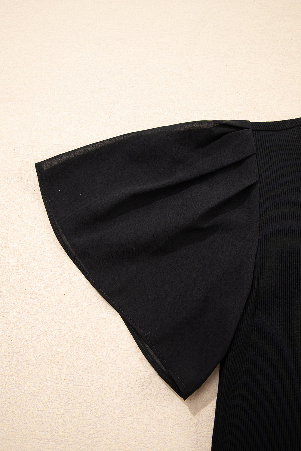 Black Mesh Ruffled Sleeve Slim Fit V Neck Top - loveforevers