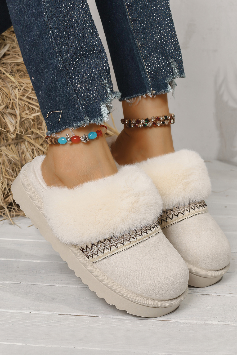 White Faux Suede Plush Trim Ethnic Mule Slippers - loveforevers